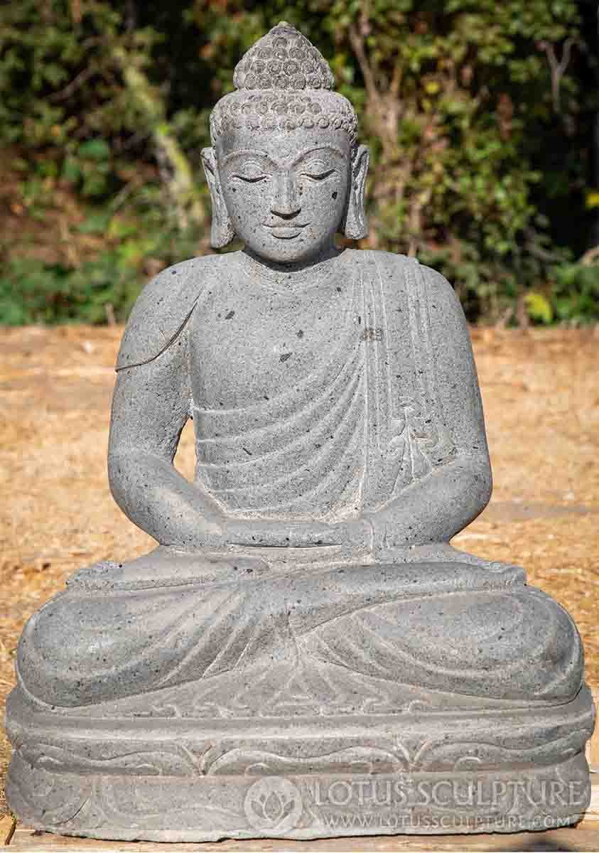 Buddha Garden Sculpture in Dhyana Mudra, Full Lotus Position Hand Carved Lava Stone 27"