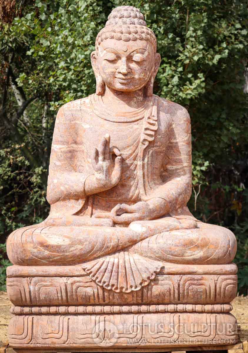 Large Buddha Garden Sculpture Hand-Carved Odishan Sandstone in Dharma Chakra Mudra 76"