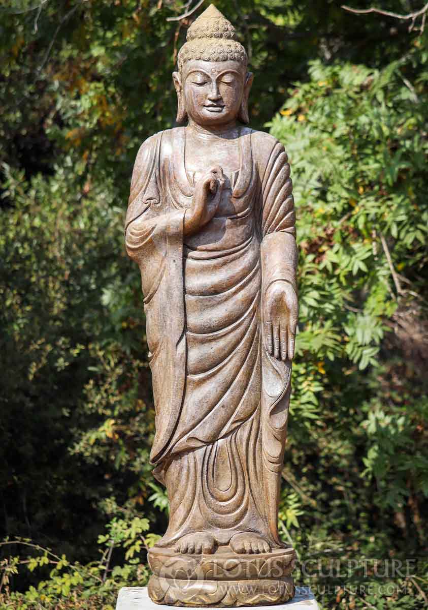 Buddha Garden Sculpture Standing in Vitarka Mudra & Full Robes, Saffron Lava Stone 60"