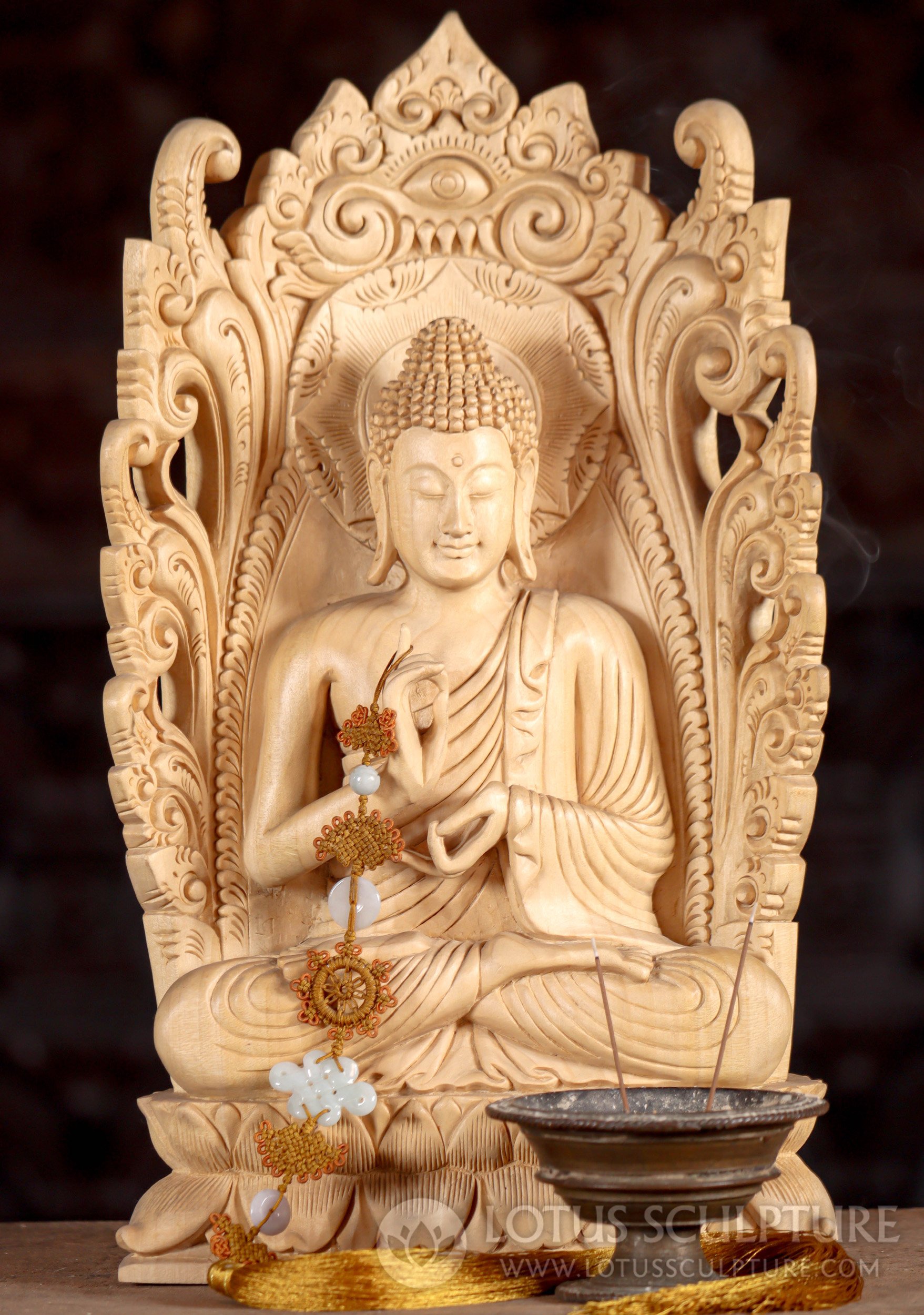 Buddha Sculpture Hand Carved in Wood in Dharma Chakra Mudra Seated on Lotus Base 16"