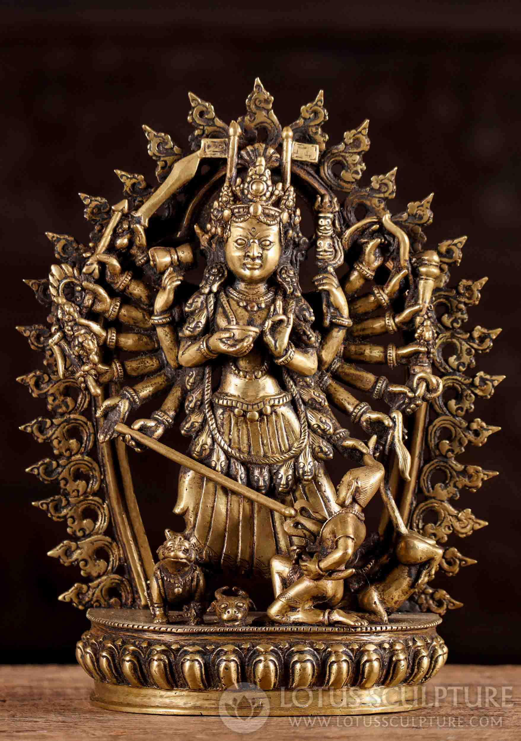 Durga Statue Brass Hindu Goddess Slaying Buffalo Demon Mahishasura, Hand Made in Nepal 11"