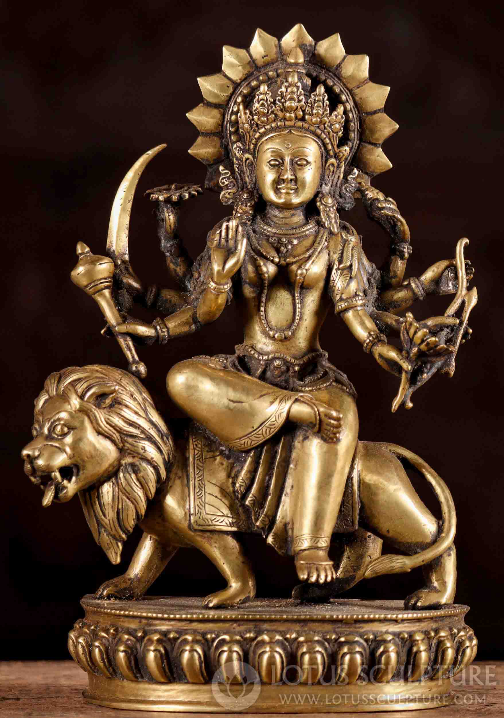 Durga Brass Statue on Lion, Hindu Goddess, Nepalese Handcrafted Sculpture 11"