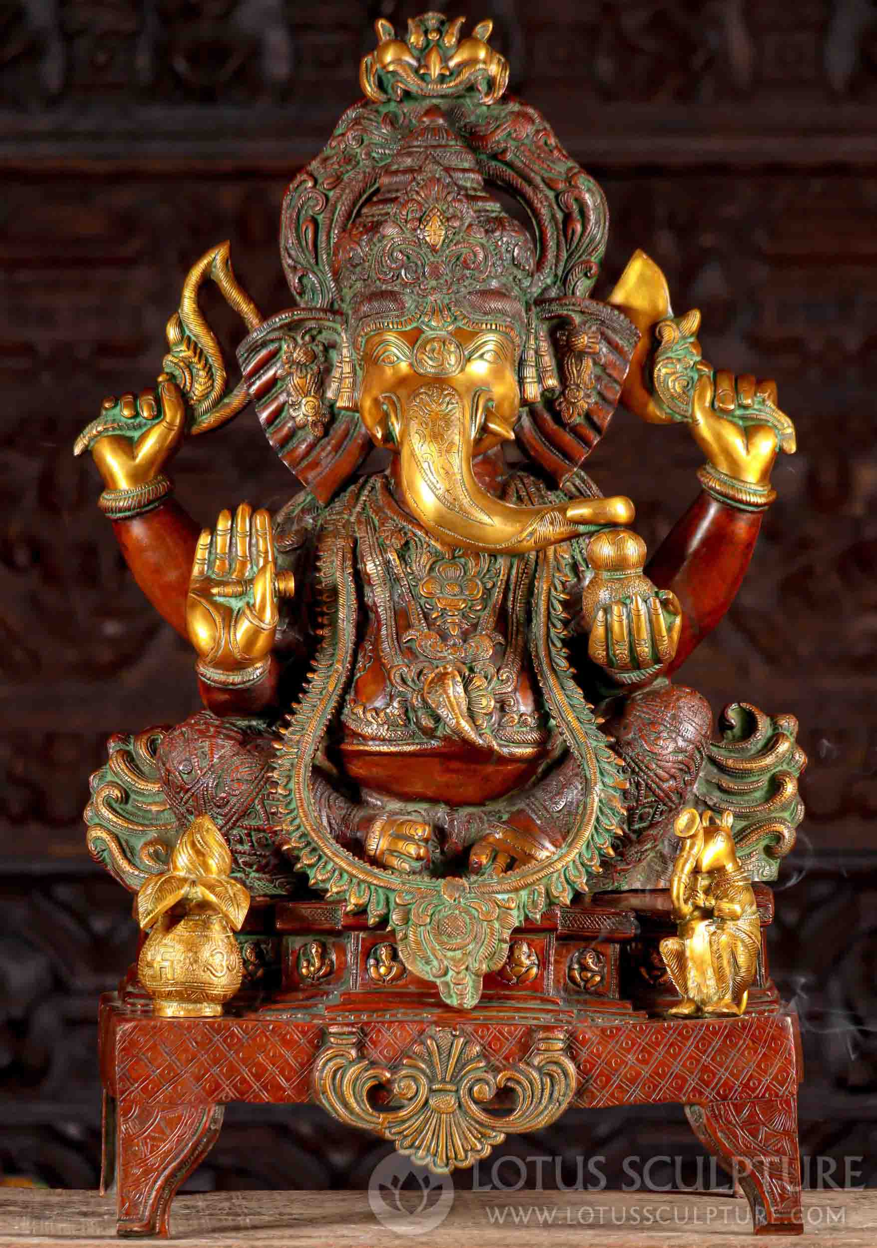 Ganesha Statue Large Brass Murti Holding His Broken Tusk on Throne with Rat Playing Horn 33"