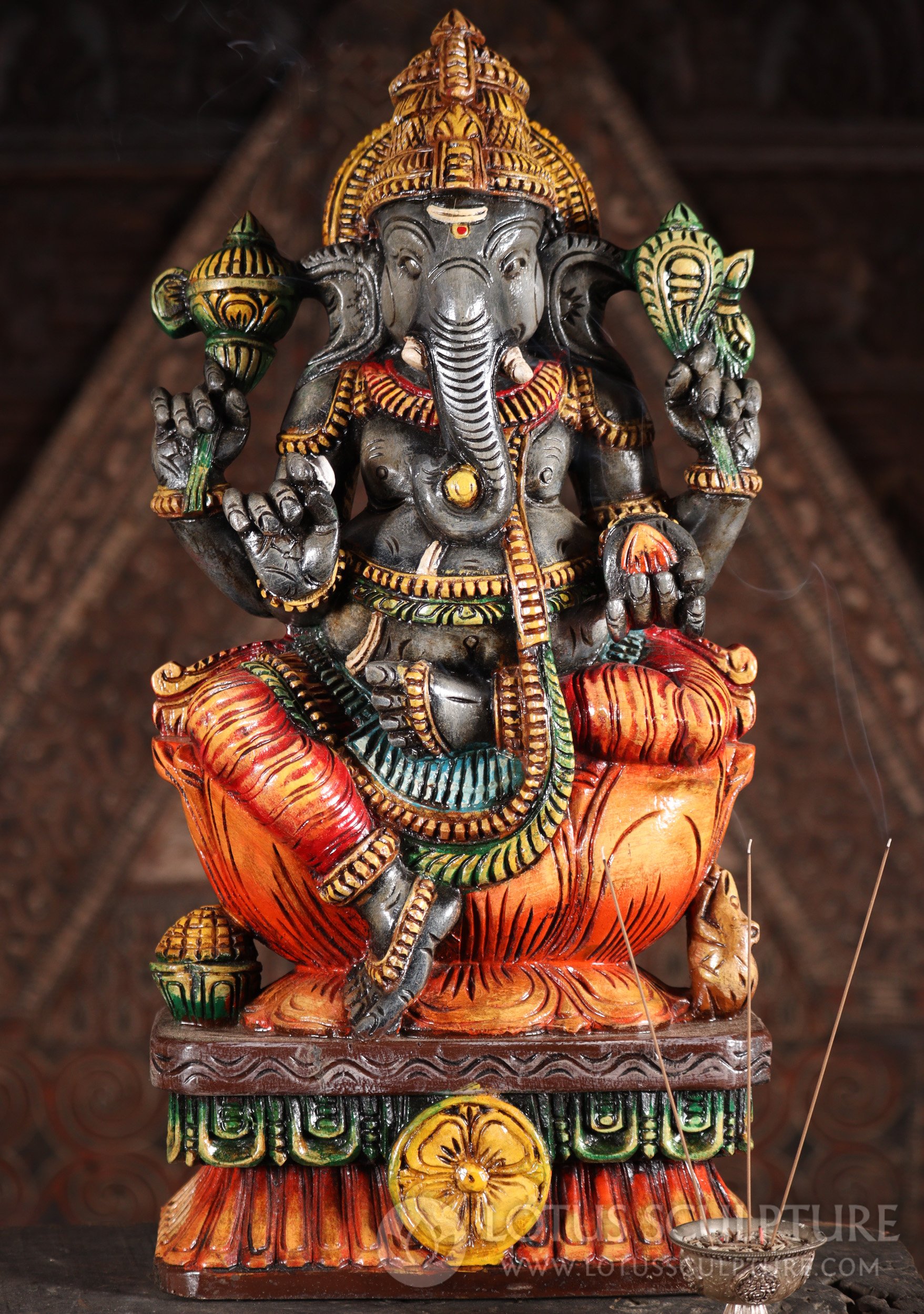 Ganesh Wood Sculpture Hand Carved God Seated on Lotus with Mooshika, Painted in Grey 24"