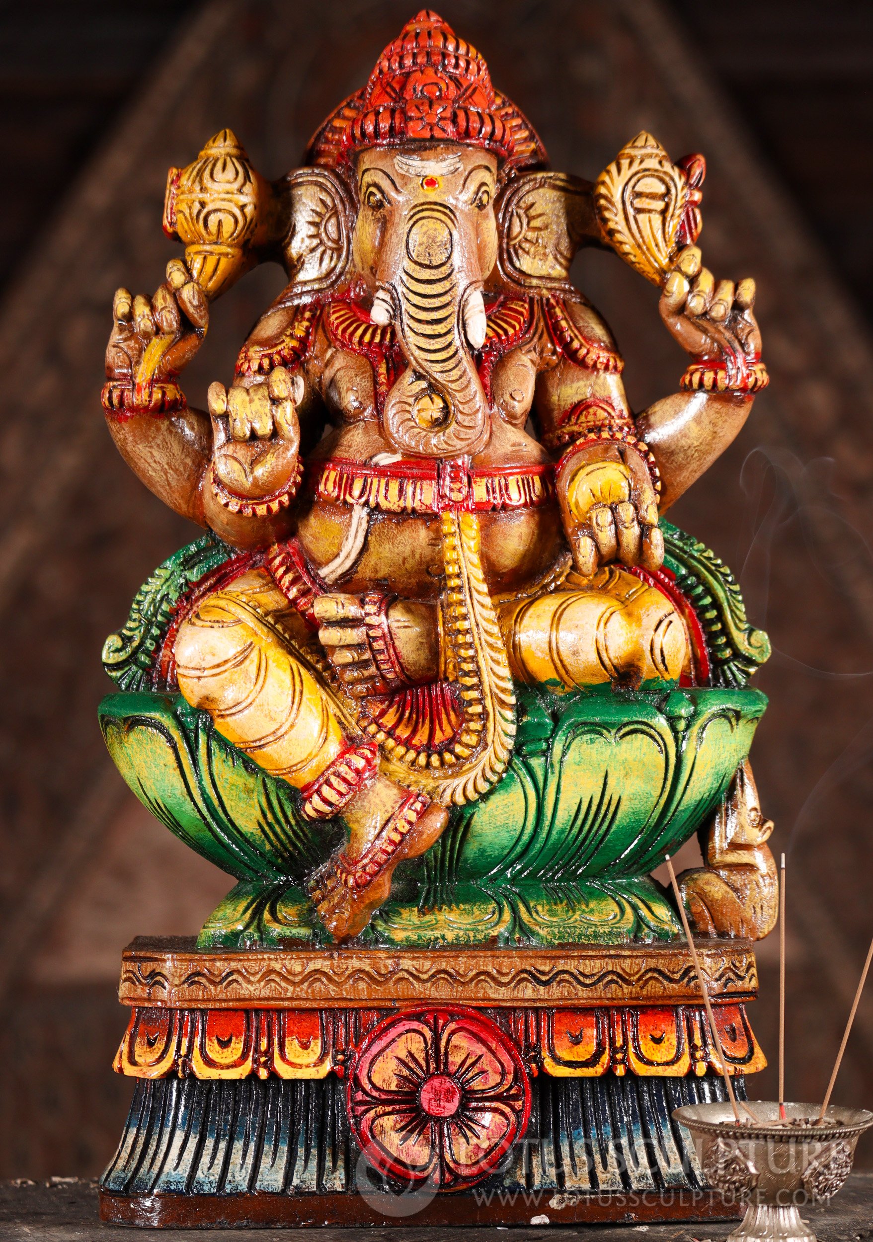 Ganesh Hand-Carved Wood Painter Statue Hindu God Seated on Lotus Base 18"