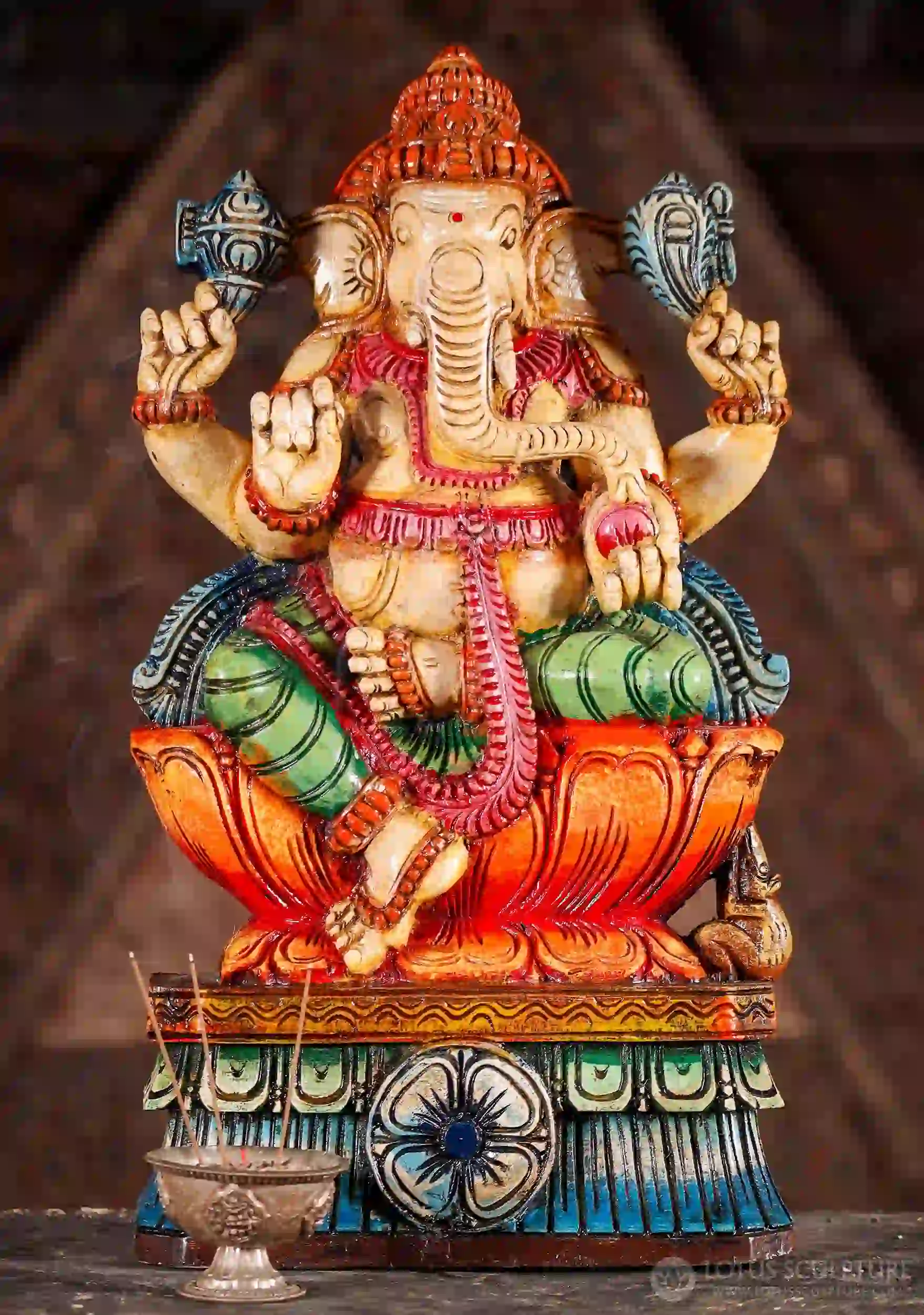 Ganesha Sculpture with Mooshika, Seated on Lotus Colorful Hand-Carved Wood 18"