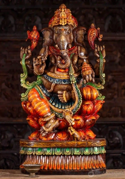 Ganesha Wood Sculpture with Tusk, Goad, Noose, and Laddu on Triple Lotus Base 36"