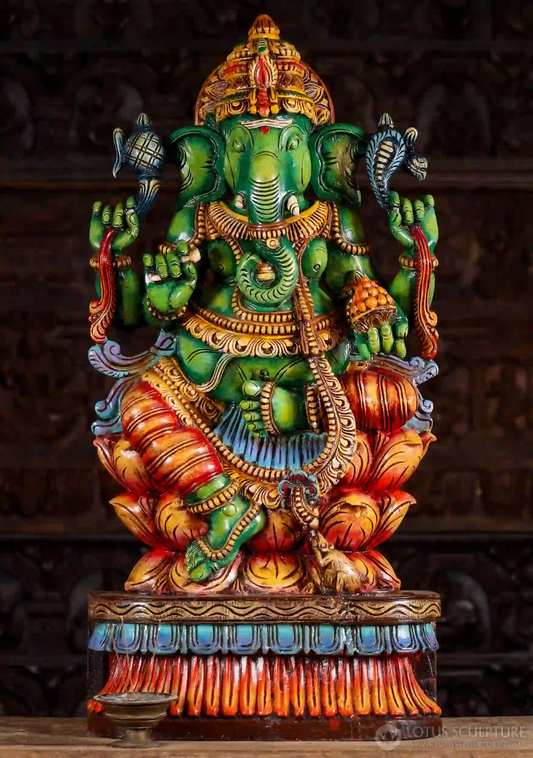 Ganesha Wooden Sculpture Hand-Carved with Tusk, Noose, Goad, and Laddu in Lalitasana 36"