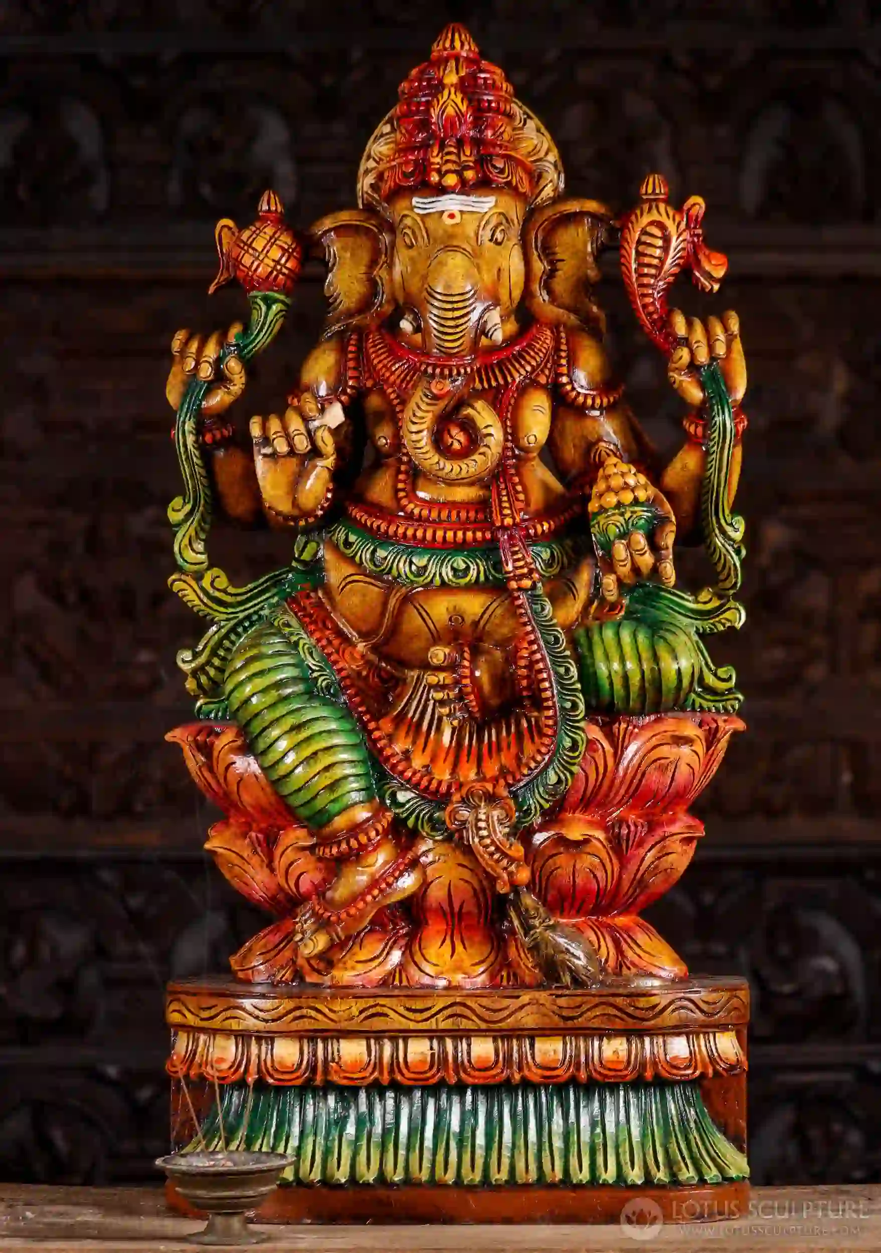 Ganesha Wood Sculpture Holding Laddu, Goad, and Noose Seated on Triple Lotus Base 36"