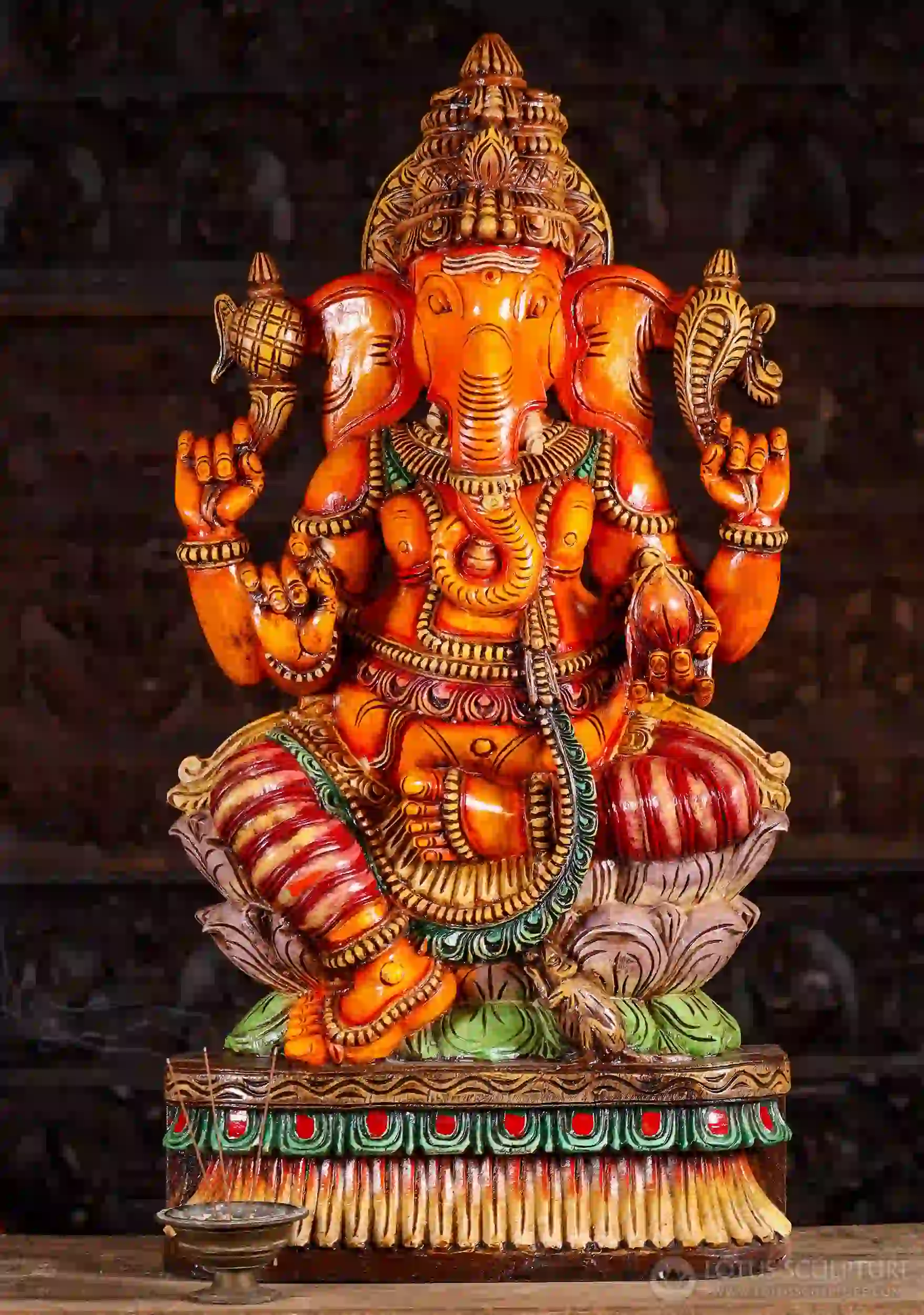 Ganesha Wood Statue with Noose, Goad, Tusk, and Mango, Seated on Triple Lotus Base 36"