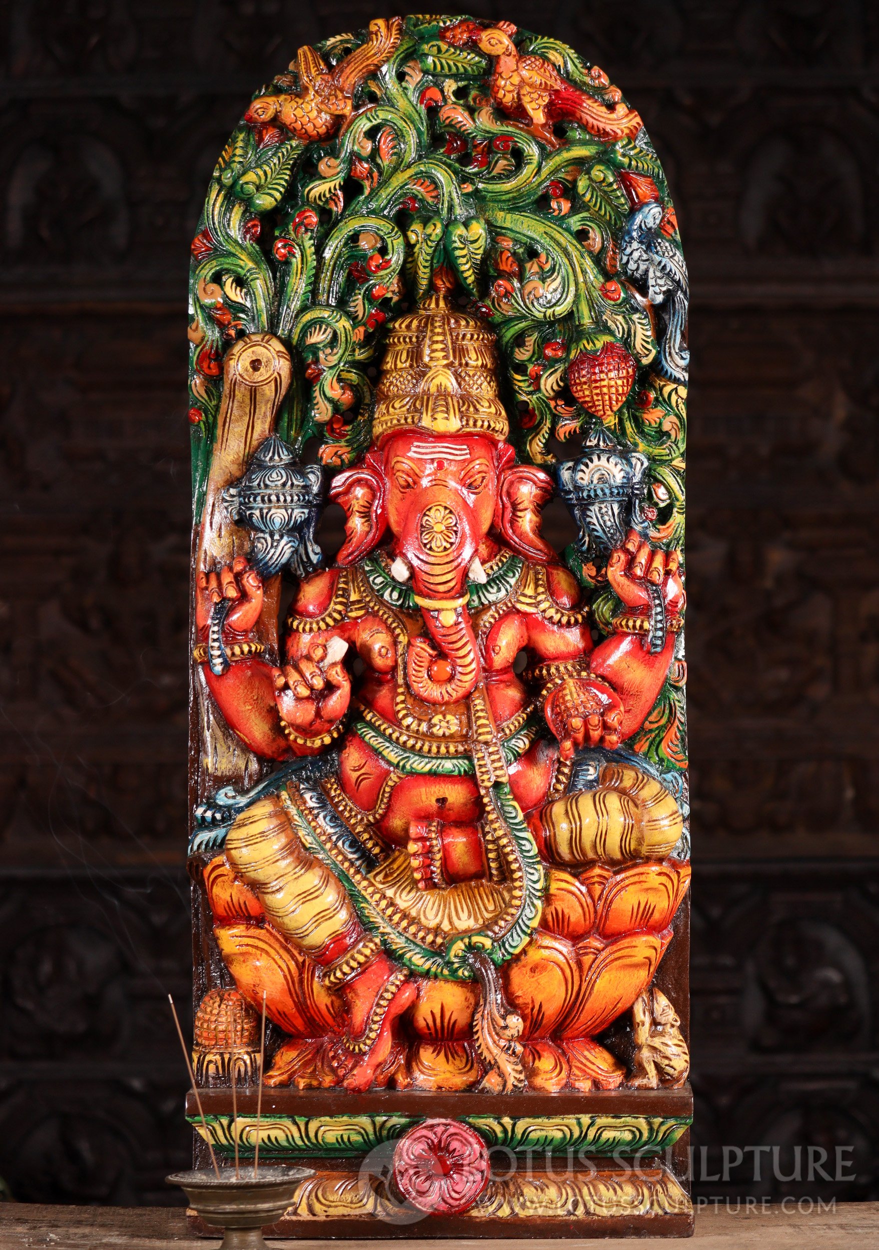 Ganesh Wood Sculpture Hindu God Seated on Lotus Under Canopy with Parrots 36"