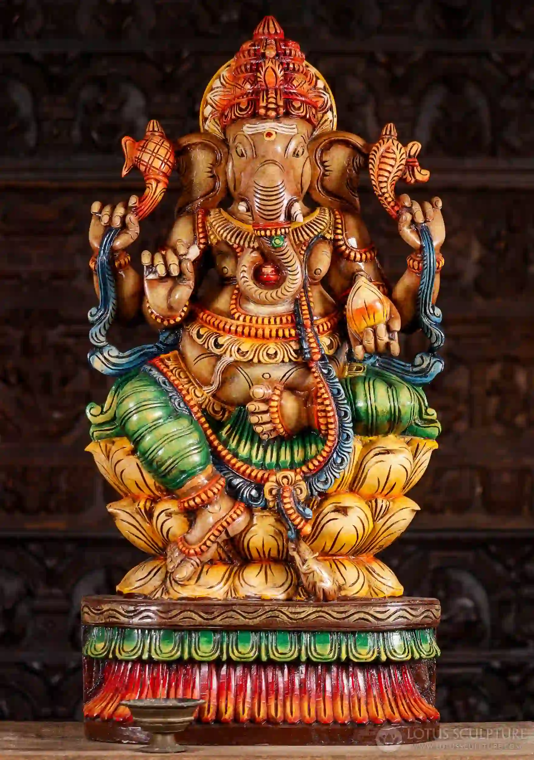 Ganesh Wooden Sculpture in Lalitasana with Tusk, Goad, and Noose on Triple Lotus Base 36"