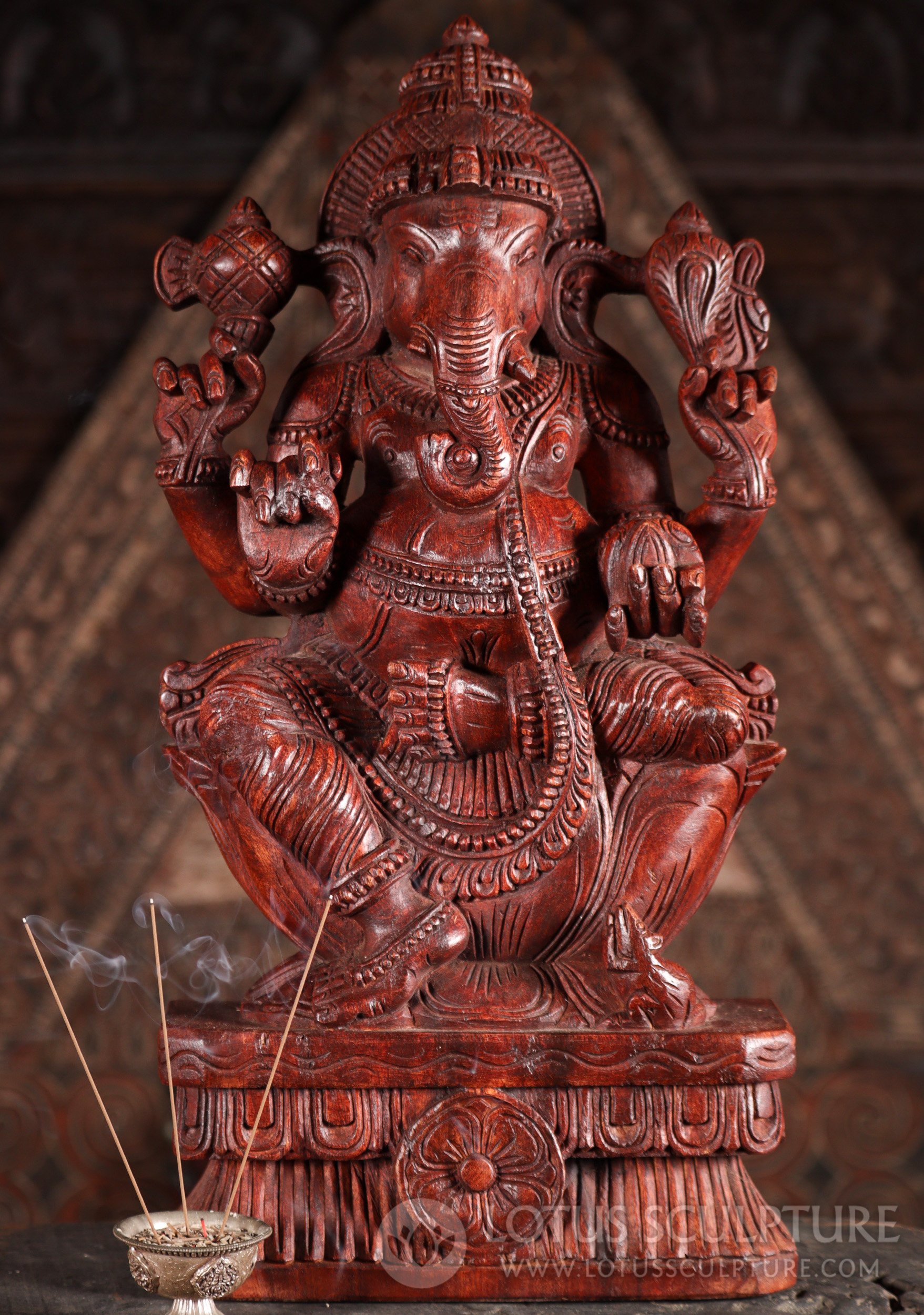 Ganesh Wood Sculpture Hand Carved Hindu God Seated with Right Curled Trunk 24"