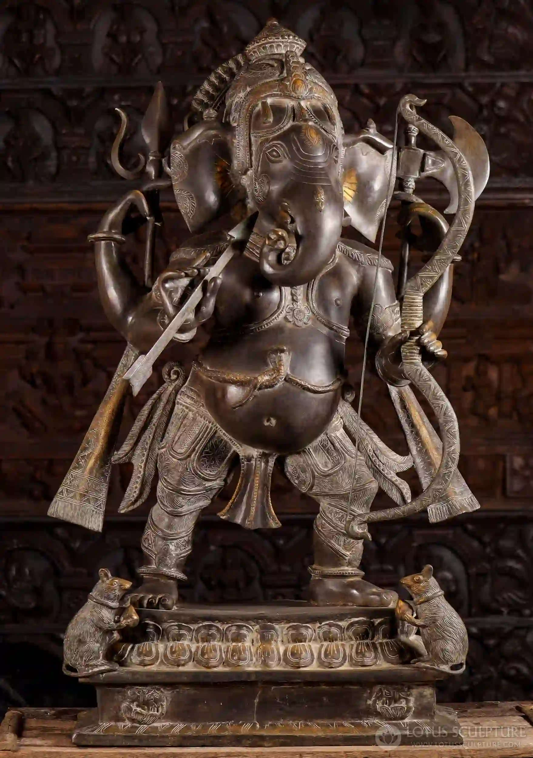 Large Brass Ganesh Statue Holding Trident, Goad, Bow & Arrow with 2 Musical Rats on Base 45"