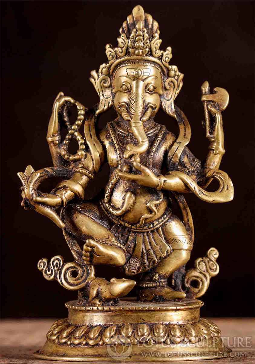 Ganesh Brass Statue Dancing Holding Radish, Mala, and Axe with Mooshika, Nepal 7"