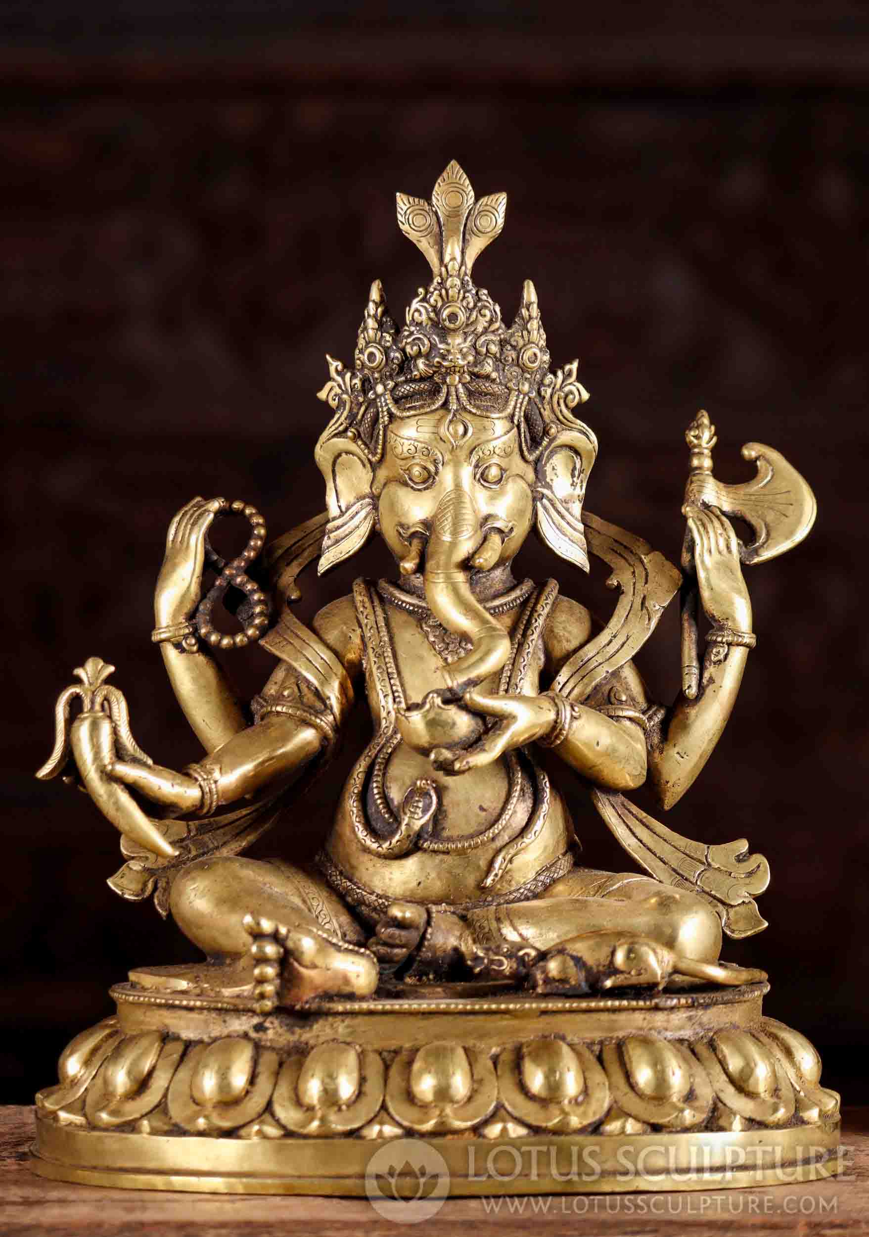 Ganesh Brass Statue in Lalitasana with Radish and Axe, Hand-Crafted in Nepal 14"