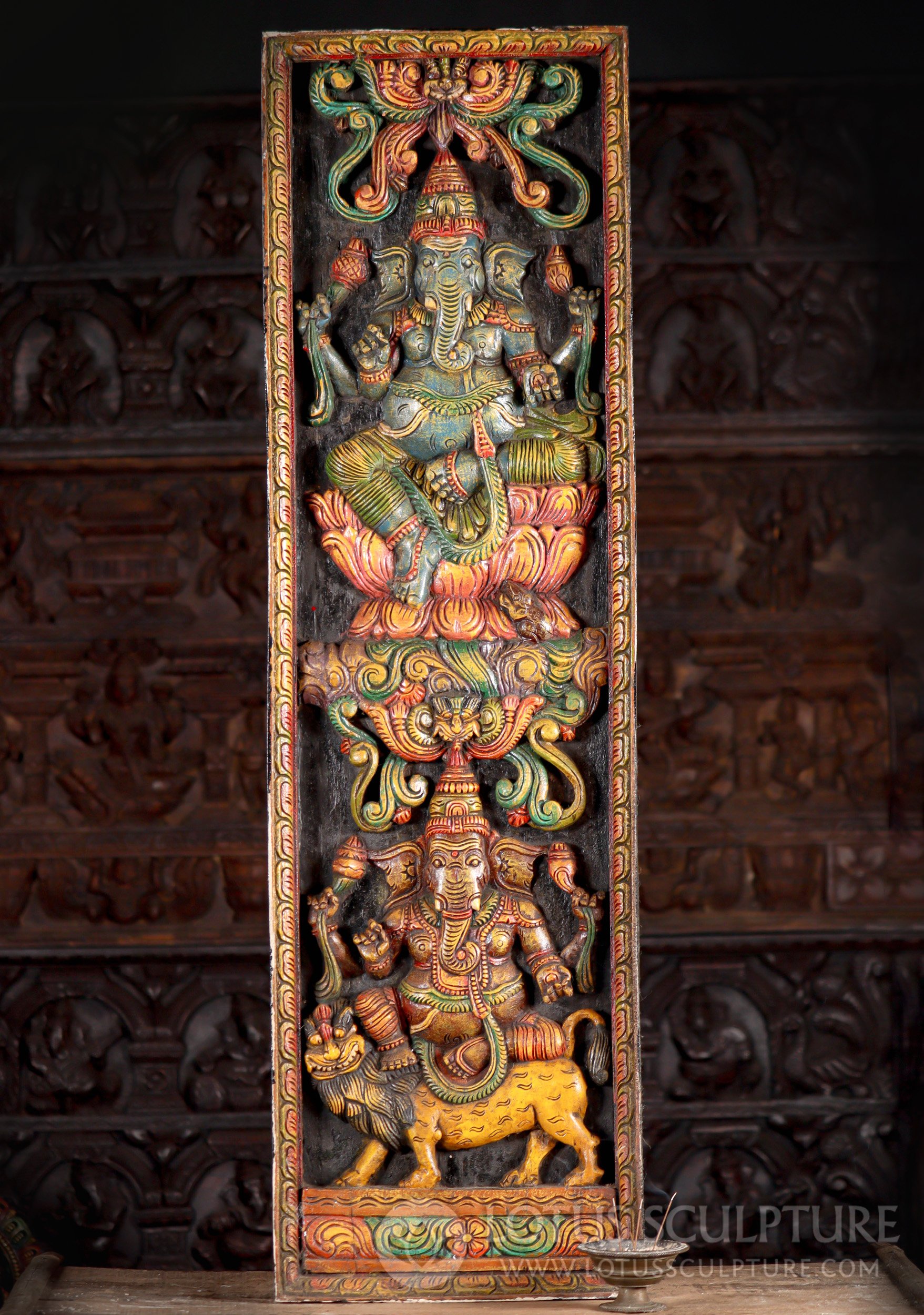 Ganesha Wood Panel Hand Carved Hindu God Sitting on Lotus and Lion, Painted 48.5"