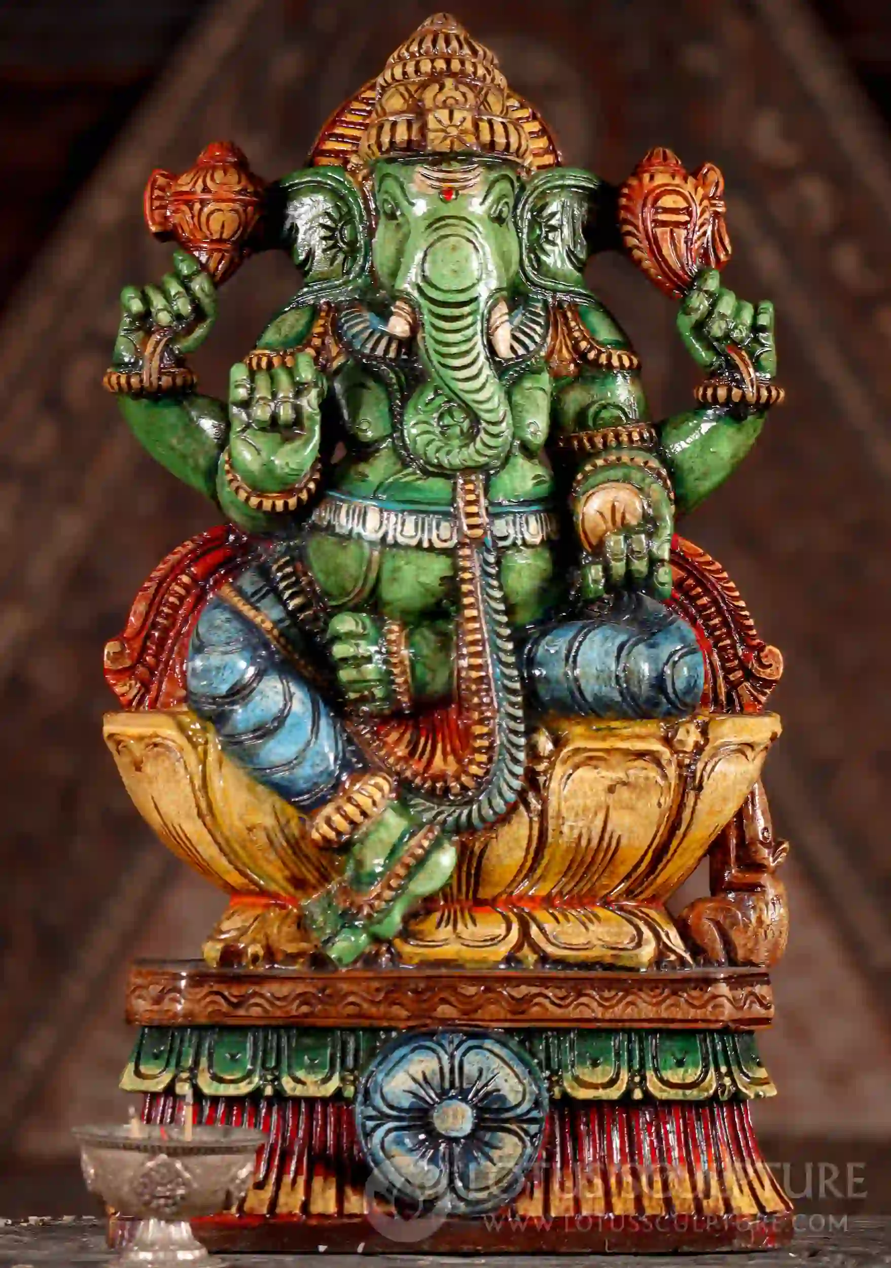 Ganesha Sculpture in Lalitasana with Mooshika and Mango Hand-Carved Wood Murti 18"