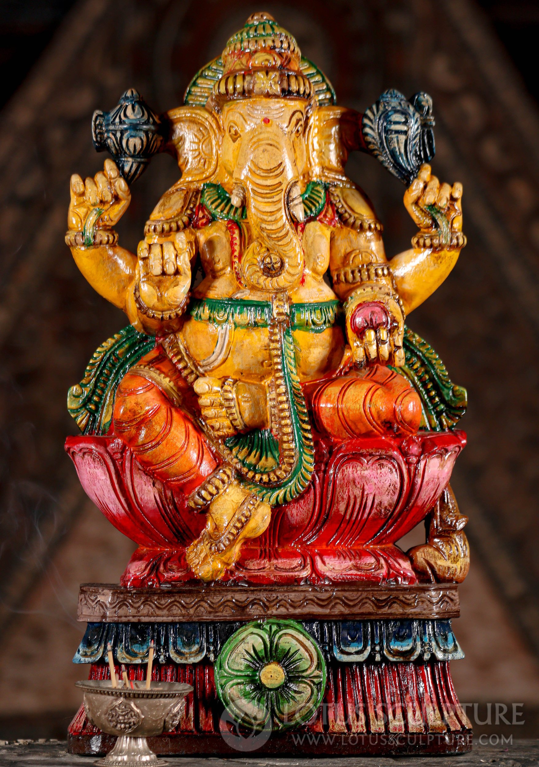 Ganesh Wood Sculpture Hand Carved Hindu Elephant God Seated on Lotus 18"