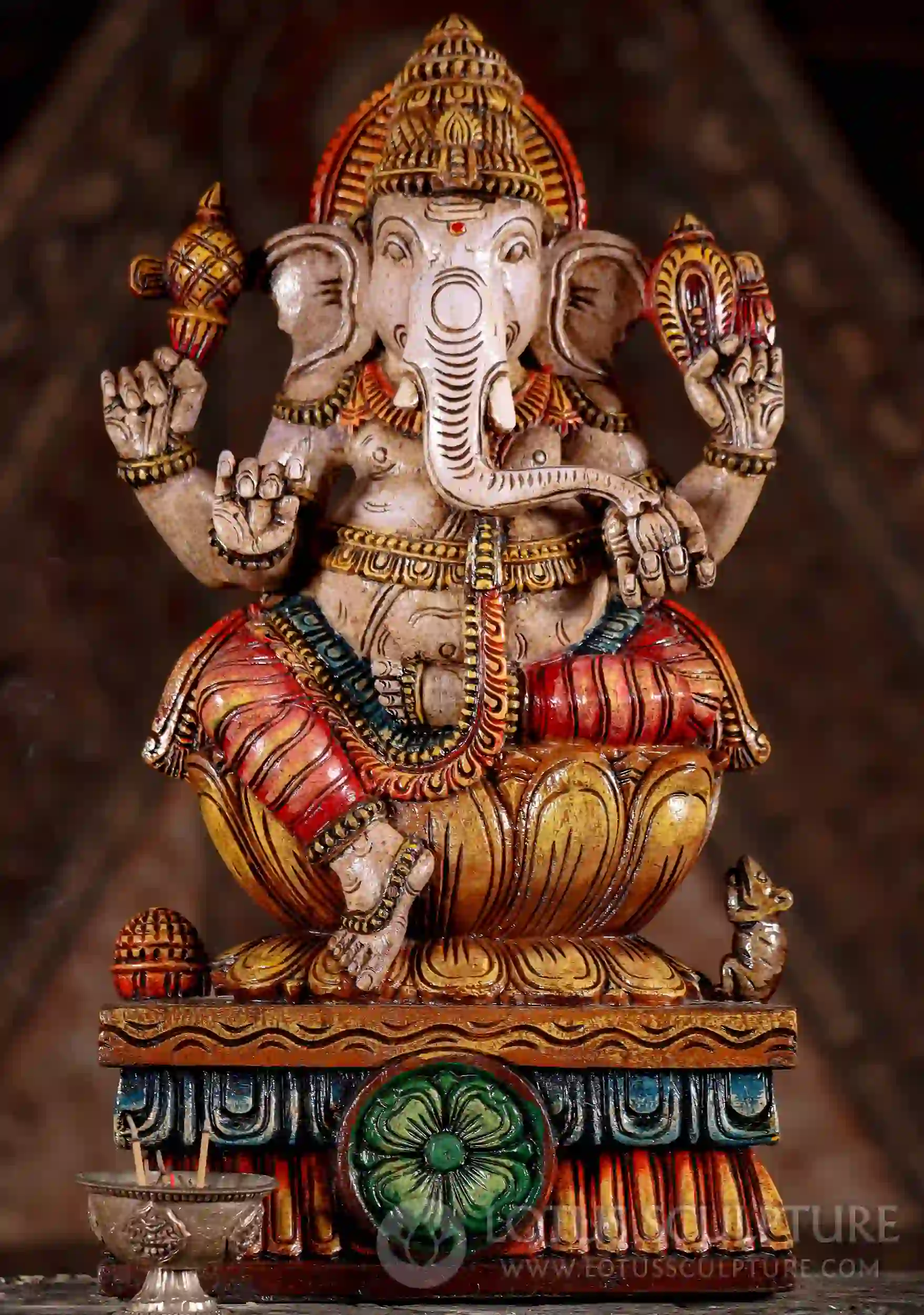 Ganesha Sculpture in Lalitasana with Mooshika and Trunk Reaching for Mango Wood Statue 18"