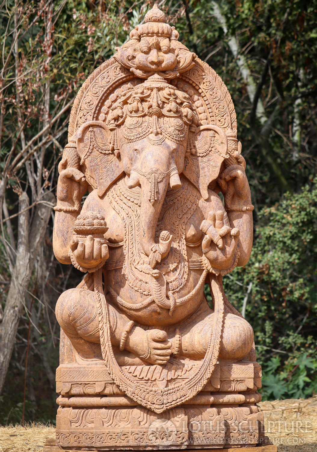 Ganesha Garden Sculpture Odishan Sandstone with Cobra Belt and Mahakala Halo 65"