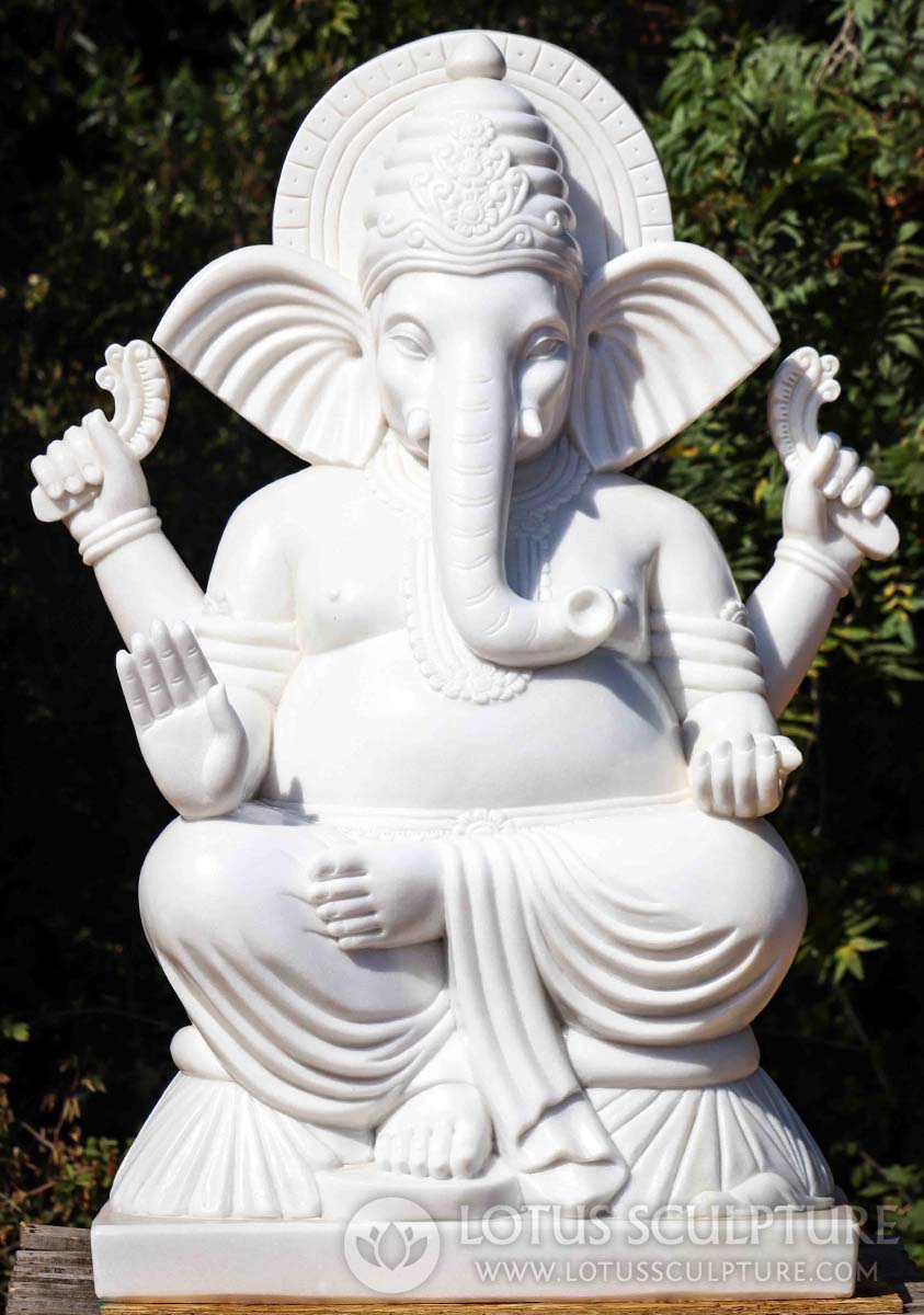 Ganesha Garden Sculpture in White Marble, Hand-Carved, in Abhaya Mudra and Lalitasana 54"