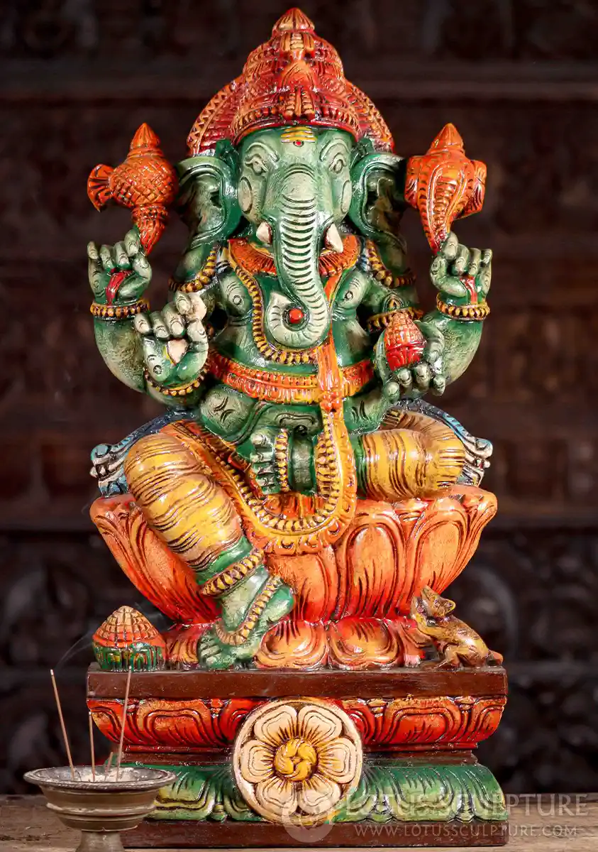 Ganesha Wood Sculpture in Lalitasana on Lotus Base with Goad, Noose, Tusk, and Sweets 24"