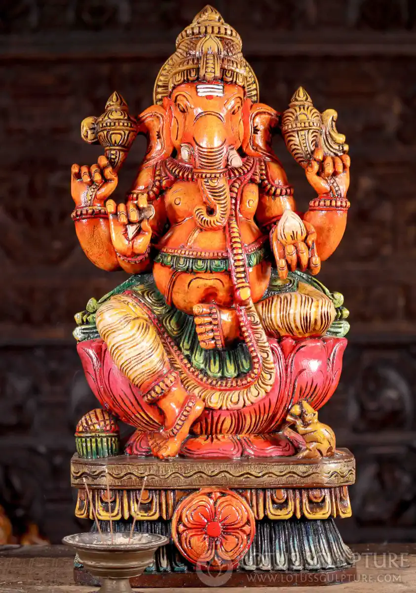 Ganesha Wood Sculpture in Lalitasana on Lotus Base with Goad, Noose, Tusk, and Mango 24"