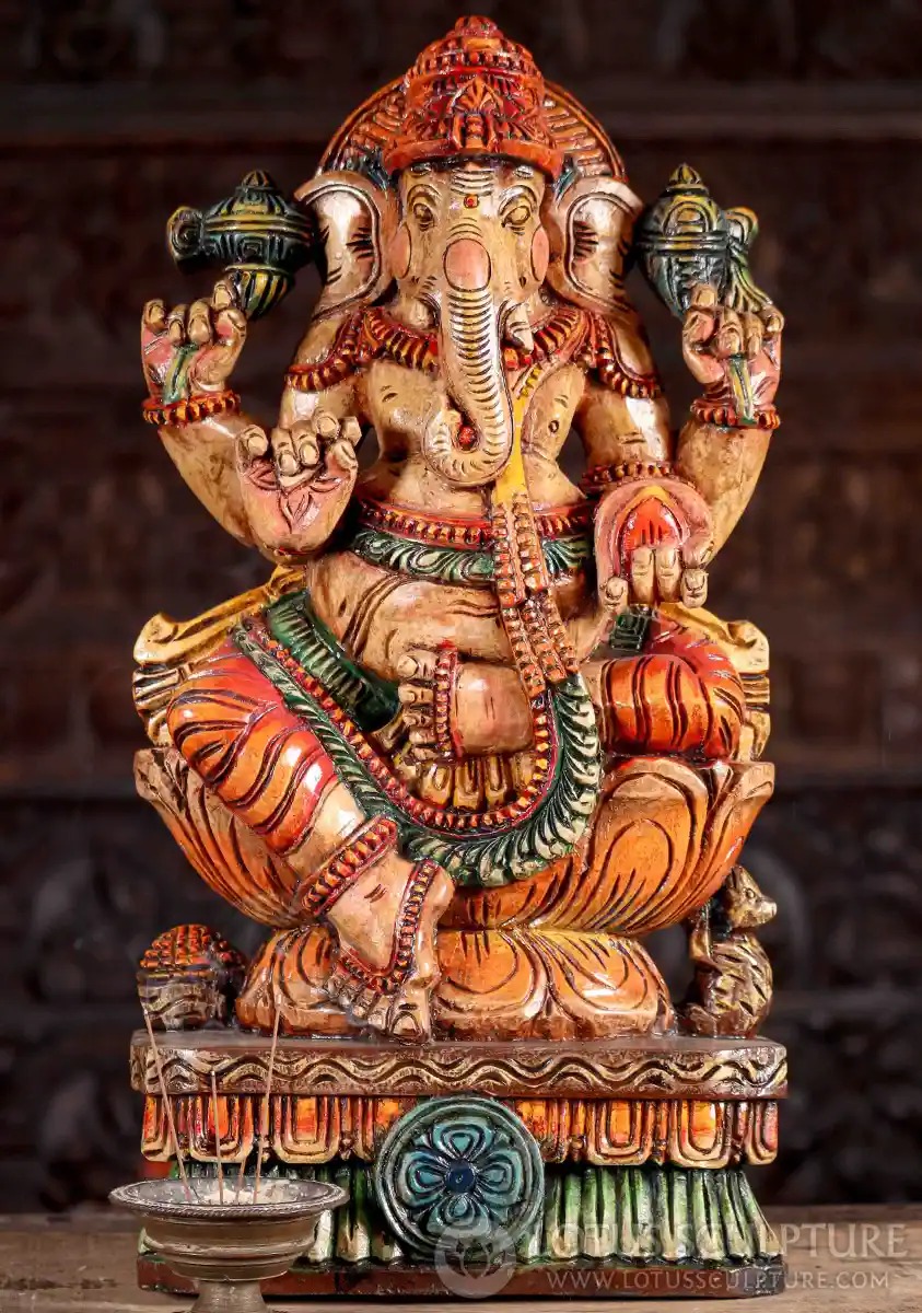 Ganesha Wood Sculpture in Lalitasana on Lotus Base with Goad, Noose, Tusk, and Mango 24