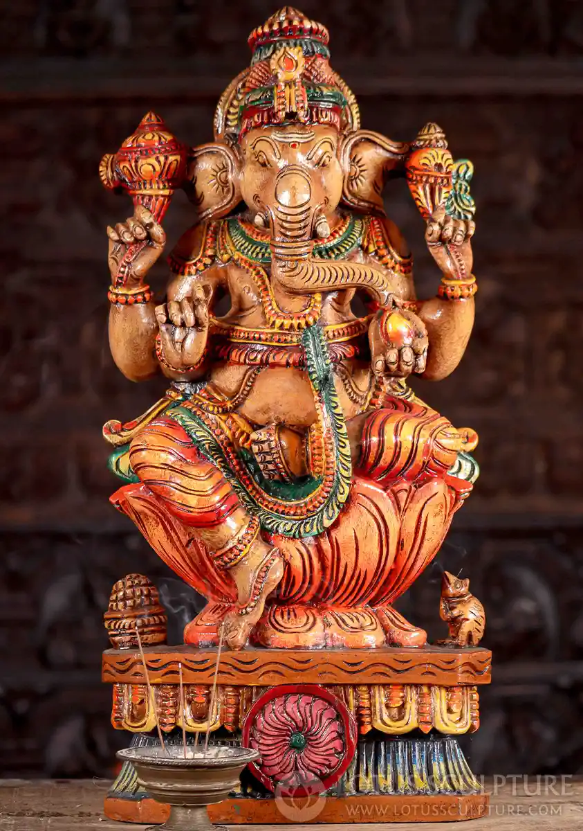 Ganesha Wood Sculpture in Lalitasana on Lotus Base with Goad, Noose, Tusk, and Mango 24"