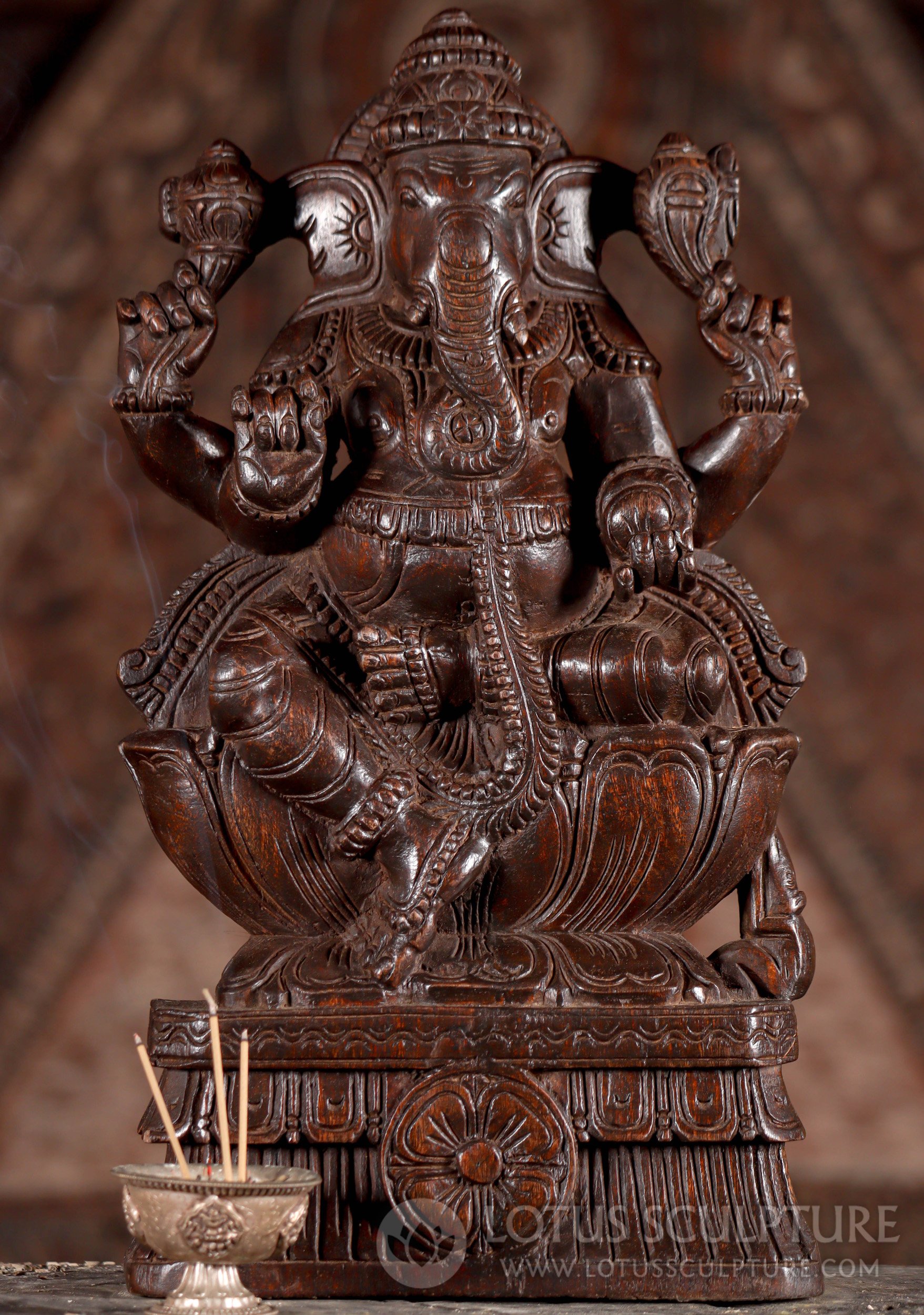 Ganesh Wood Sculpture Hand Carved Hindu God on Lotus Base with Mooshika 18"