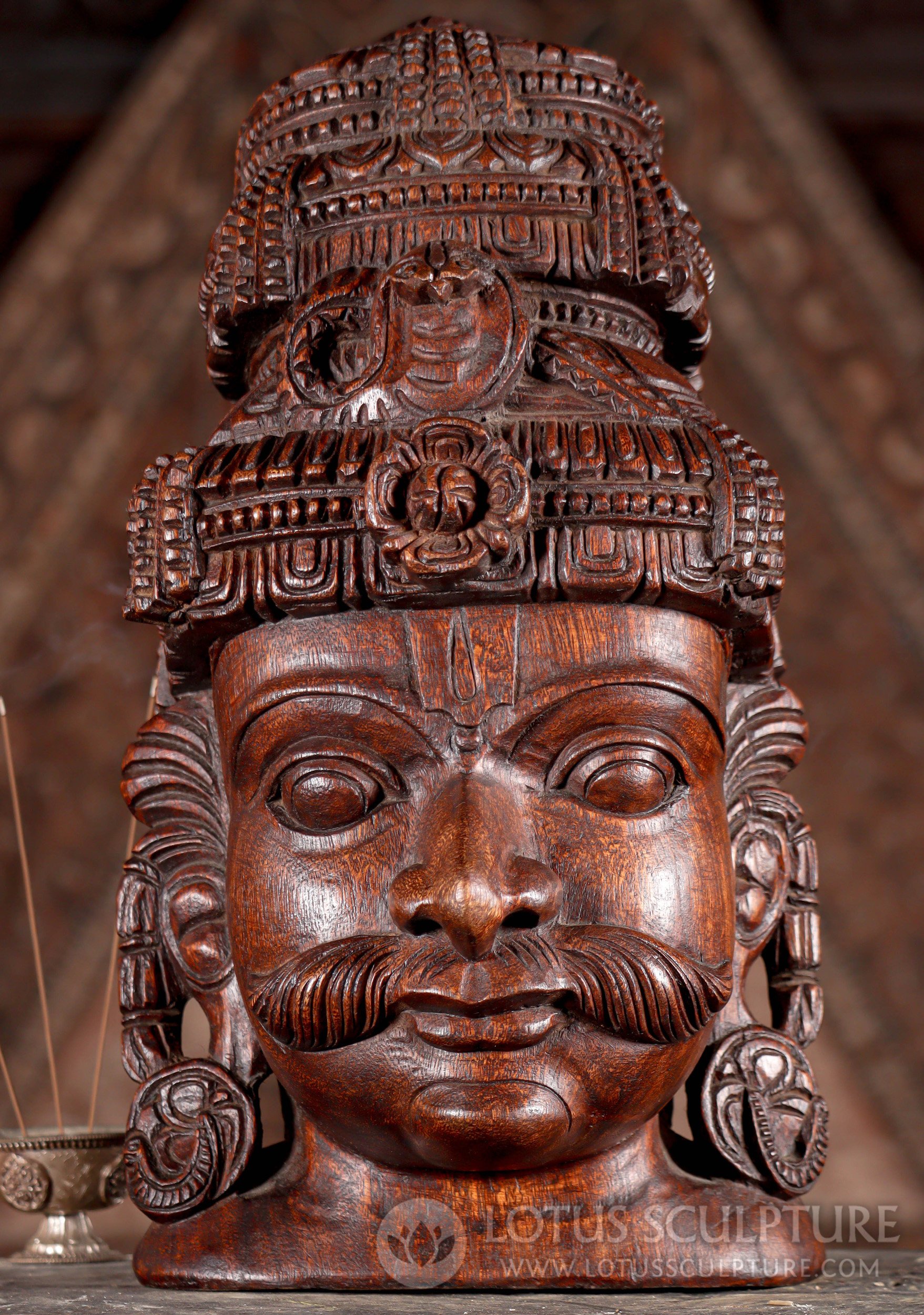 Garuda Bust Sculpture Hand Carved Dark Wood, Guardian Eagle Deity, South India 18"