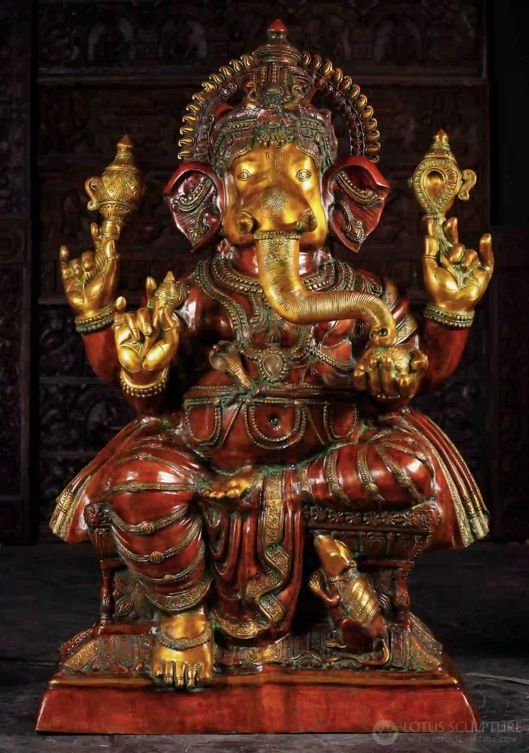 Large Ganesha Statue with Rat Mooshika Holding Broken Tusk, Goad, Noose & Laddu 61"