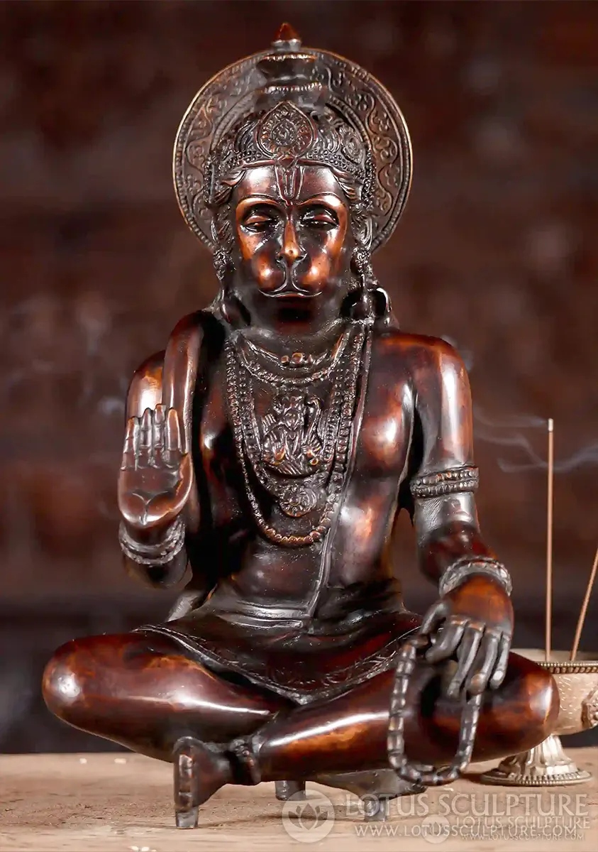 Hanuman Brass Statue Seated in Abhaya with Legs Crossed Holding Malas 11"