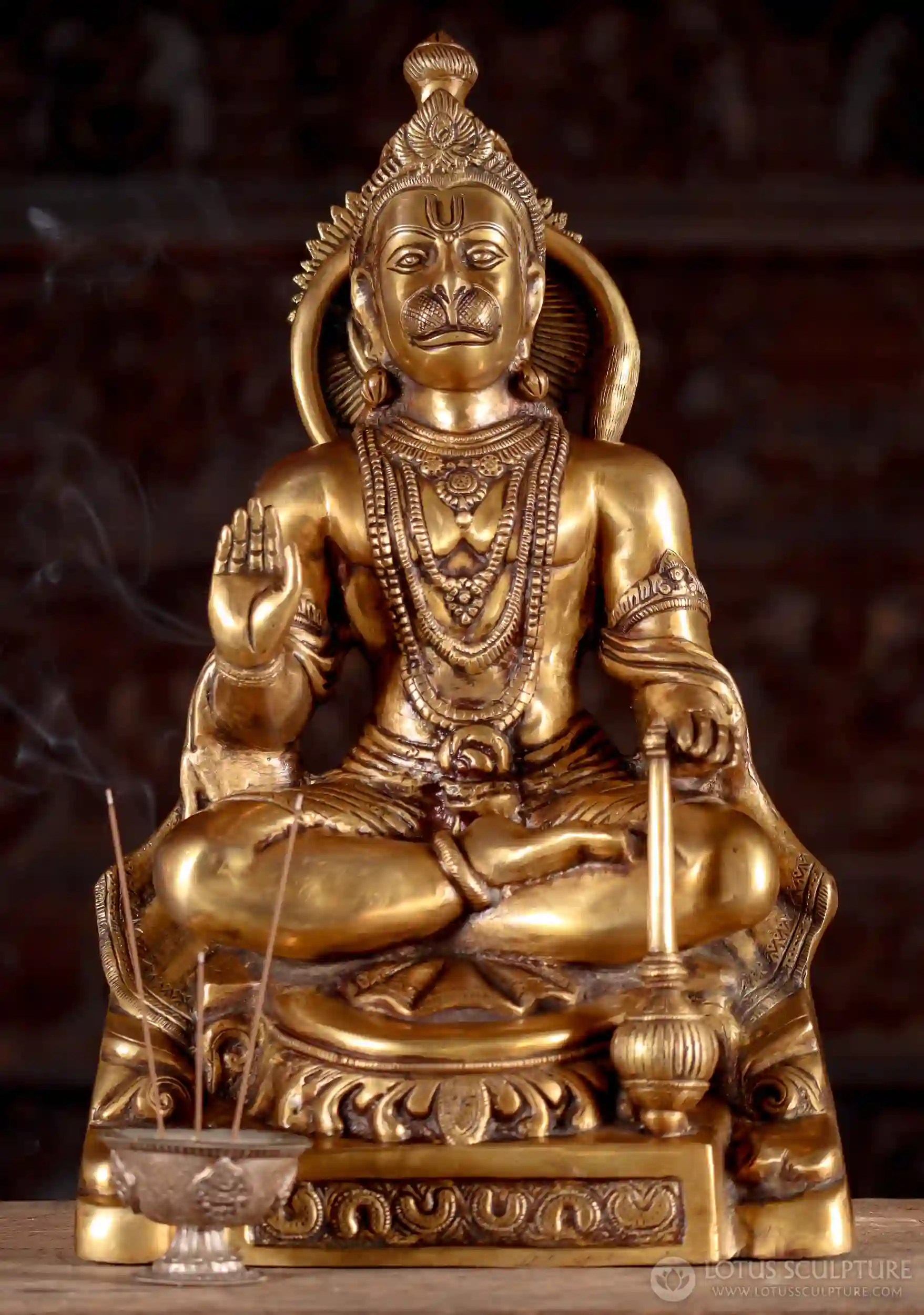 Hanuman Brass Statue with Right Hand in Abhaya Mudra "Fear Not" Gesture Holding Club 18"