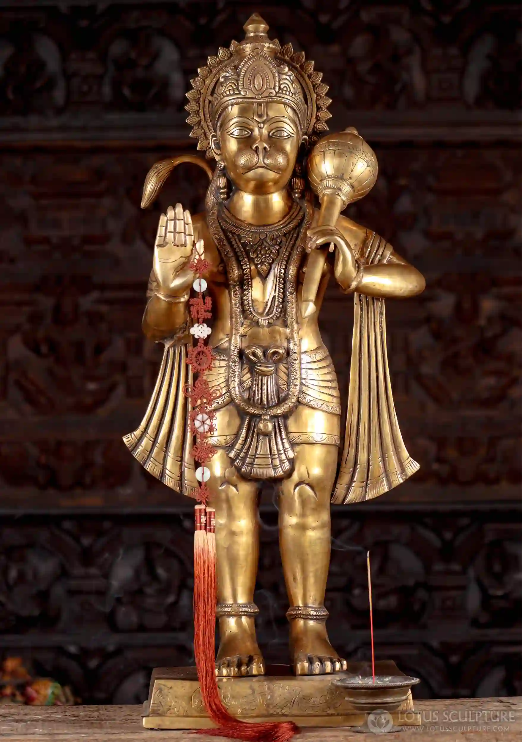 Hanuman Brass Statue Standing Tall with Right Hand in Abhaya Mudra Holding Club 36"