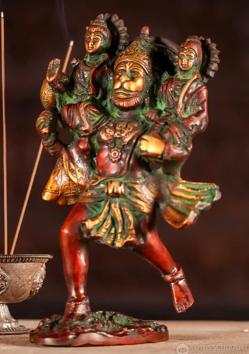 Hanuman Statue Indian Brass Hindu God with Large Gada Club Carrying Lakshman & Rama 8"