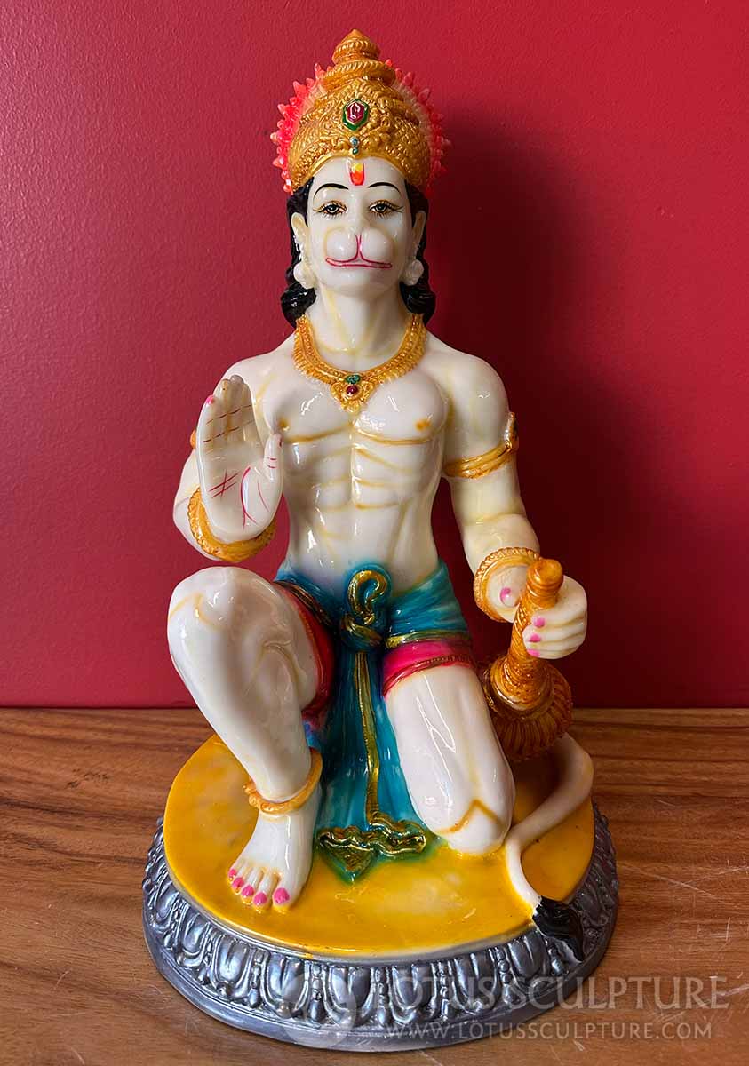 Hanuman Statue Kneeling Holding Club With Hand Held up in in Abhaya Mudra 15"