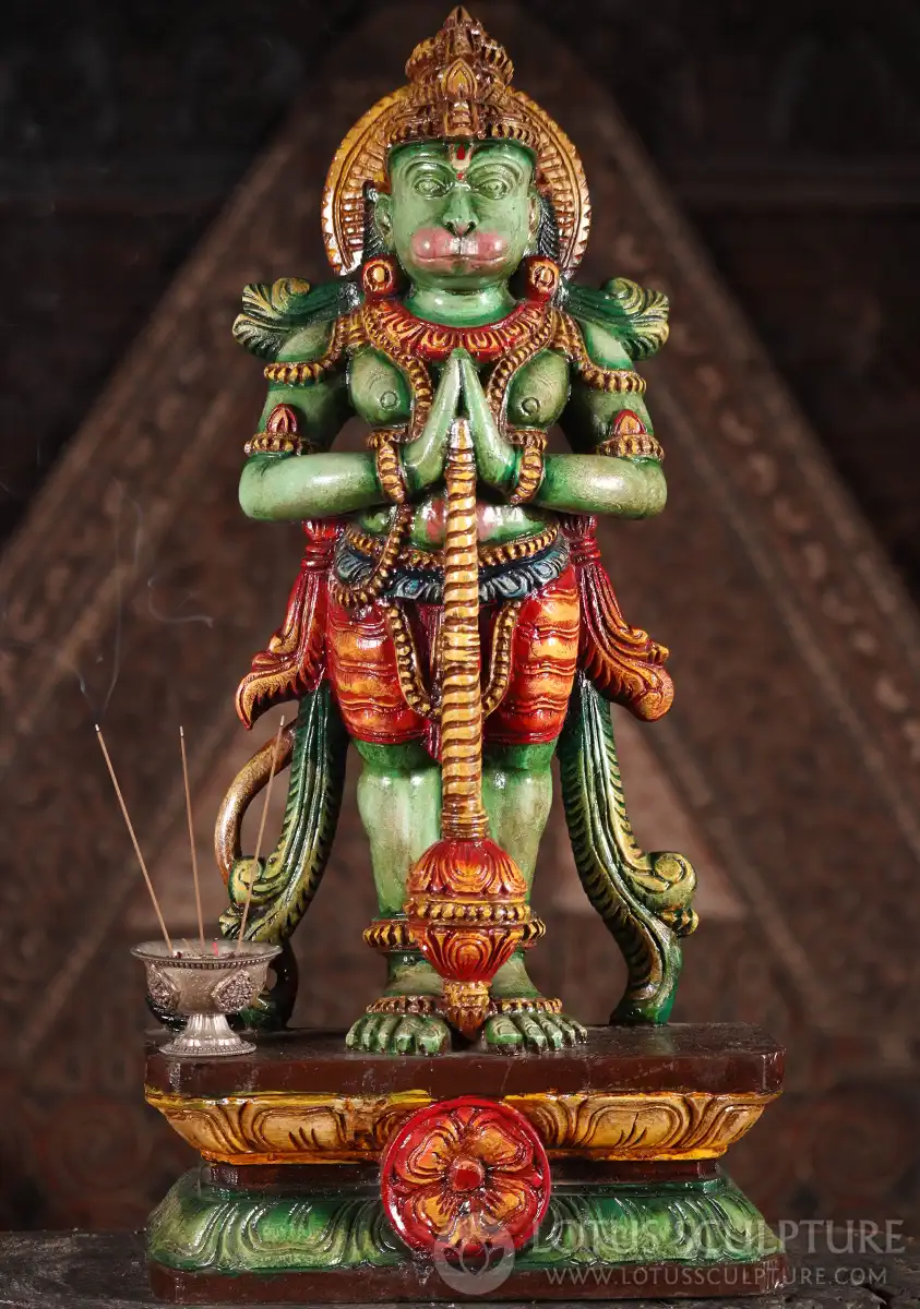 Hanuman Wooden Sculpture in Namaste Mudra with Gada, Hand-Painted Monkey God 24"