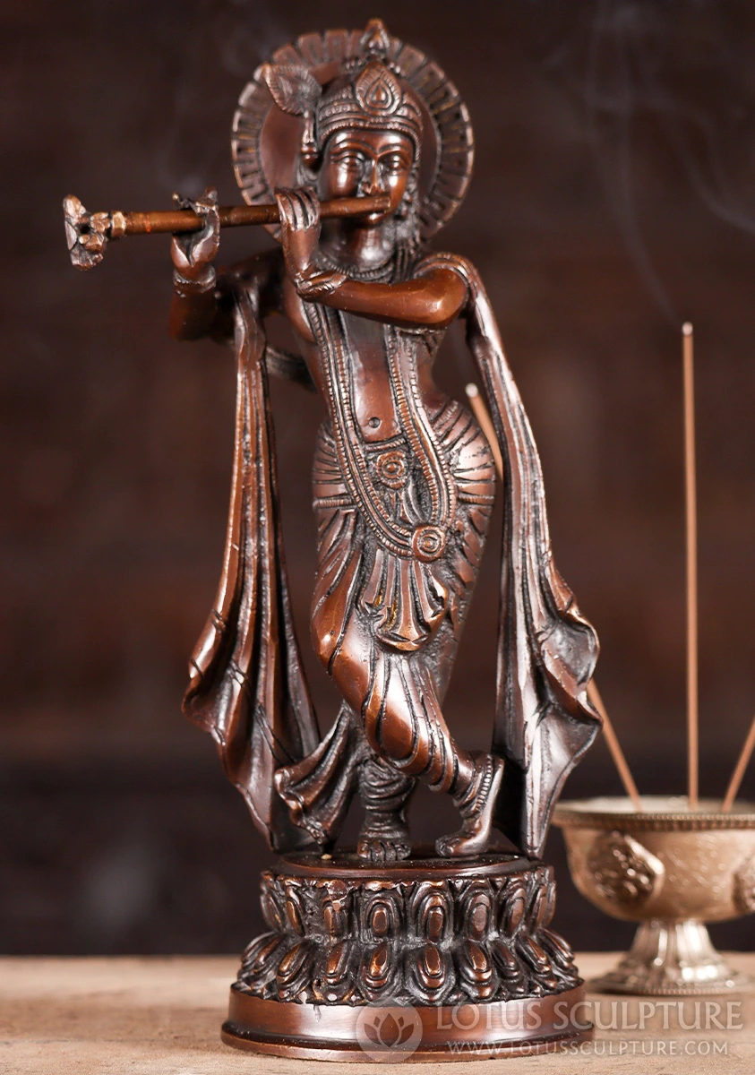 Krishna Brass Statue, The Divine Cowherder Playing the Flute, the 8th Avatar of Vishnu 10"