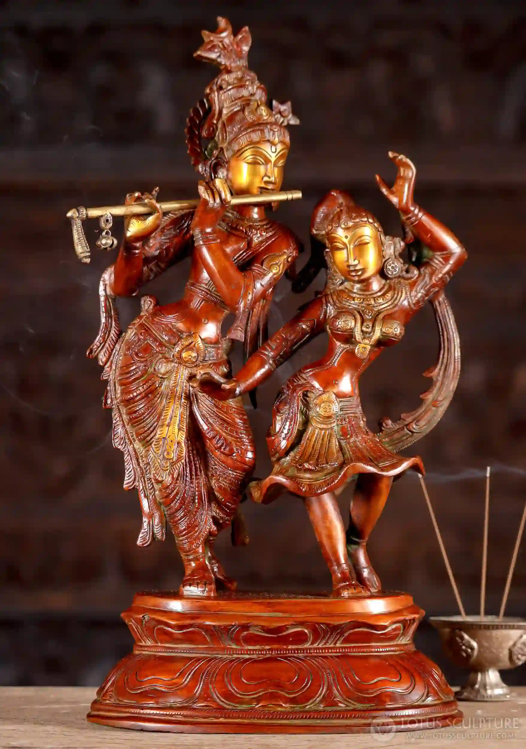 Gopal Krishna Statue Playing the Flute with His Beloved Radha Dancing to His Melodies Brass 17"