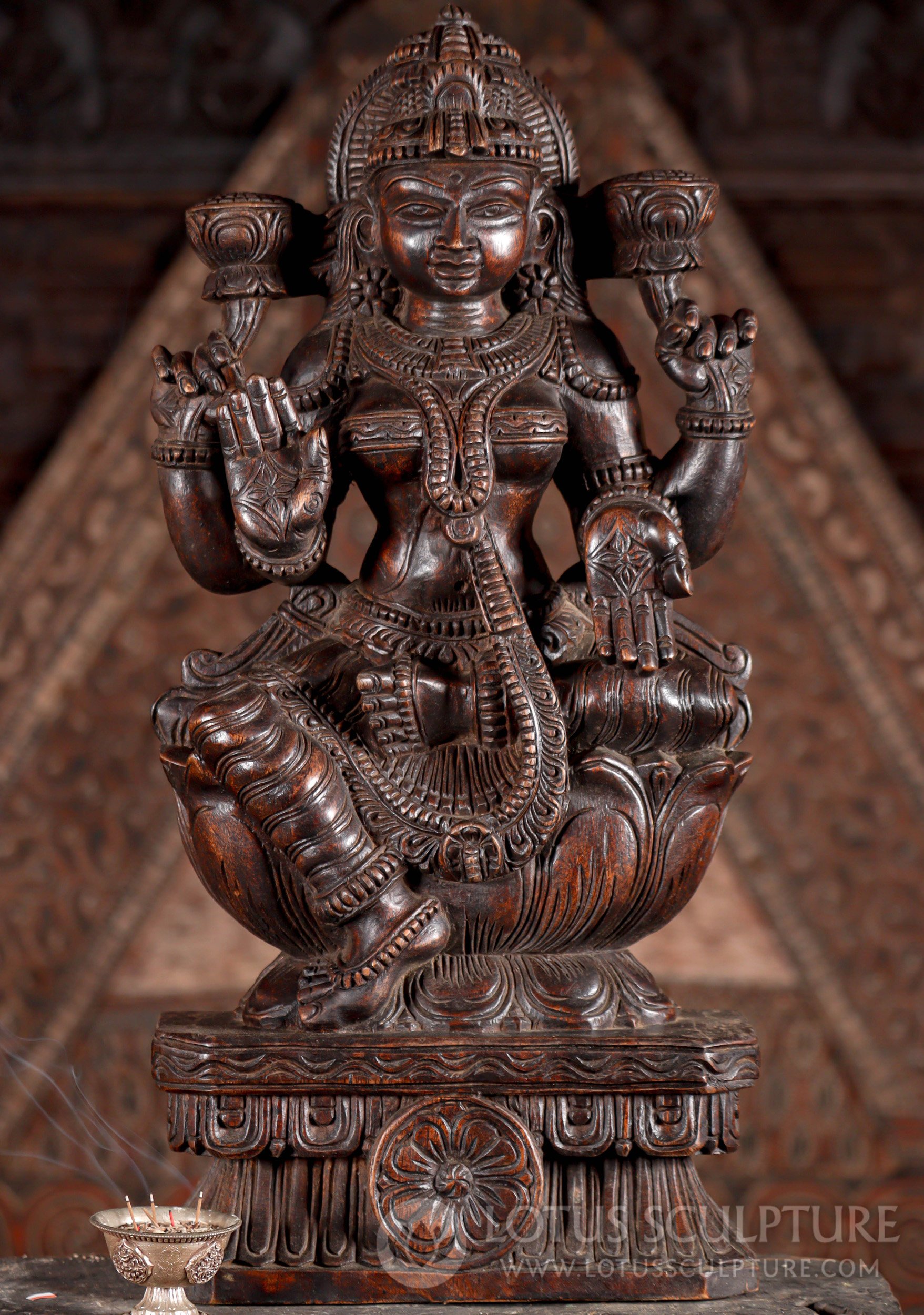 Lakshmi Wood Sculpture Hand Carved Goddess in Abhaya and Varada Mudras 24"