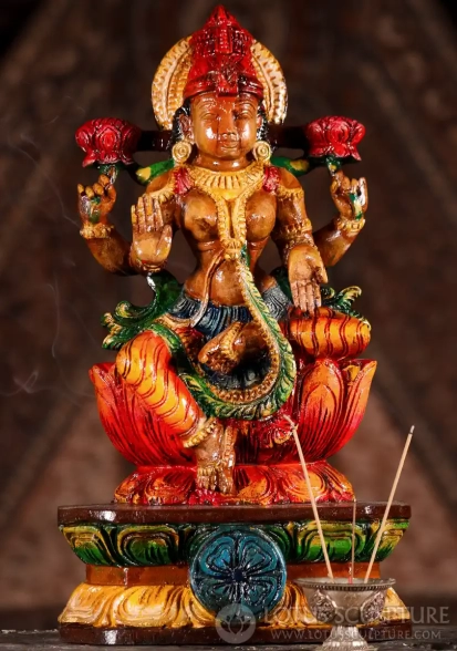 Lakshmi Wooden Sculpture with Two Lotus Flowers in Abhaya and Varada Mudras 18"