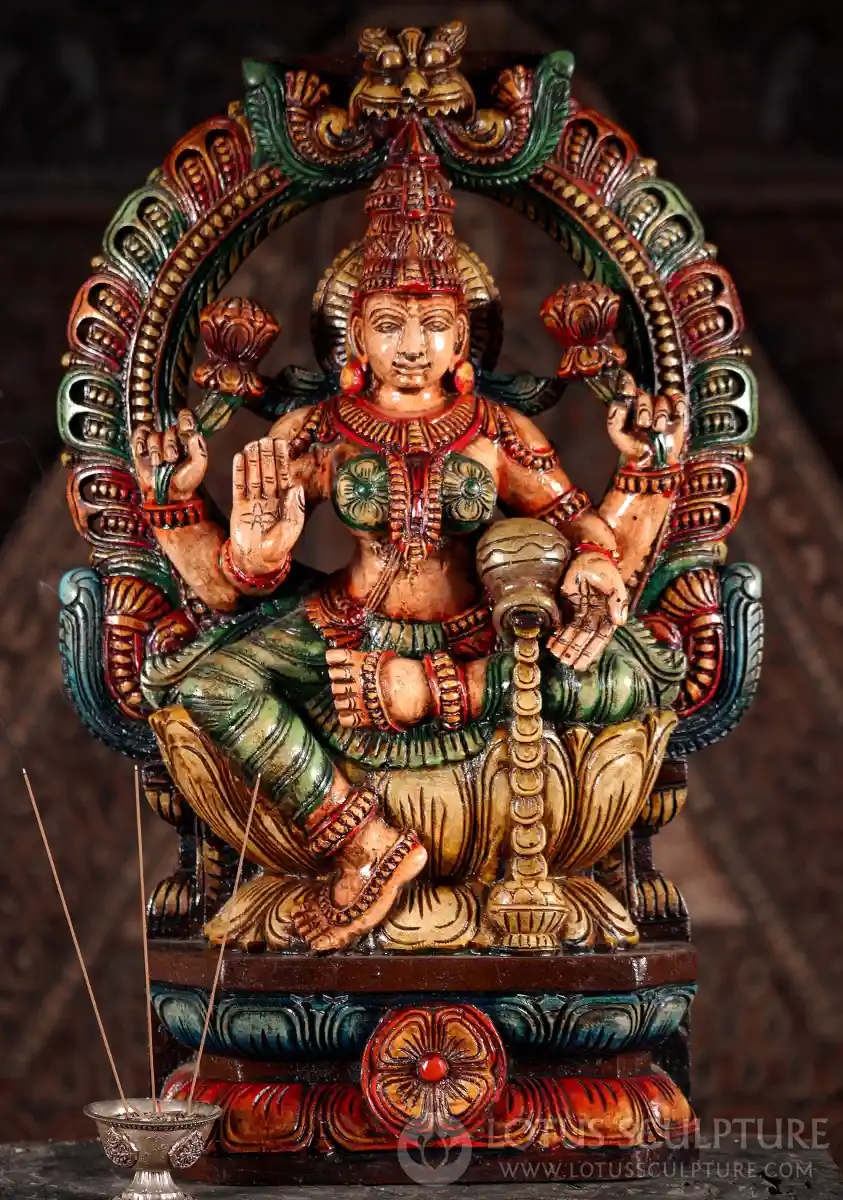 Lakshmi Wooden Sculpture in Lalitasana with Mahakala Arch Hand-Carved Goddess 24"