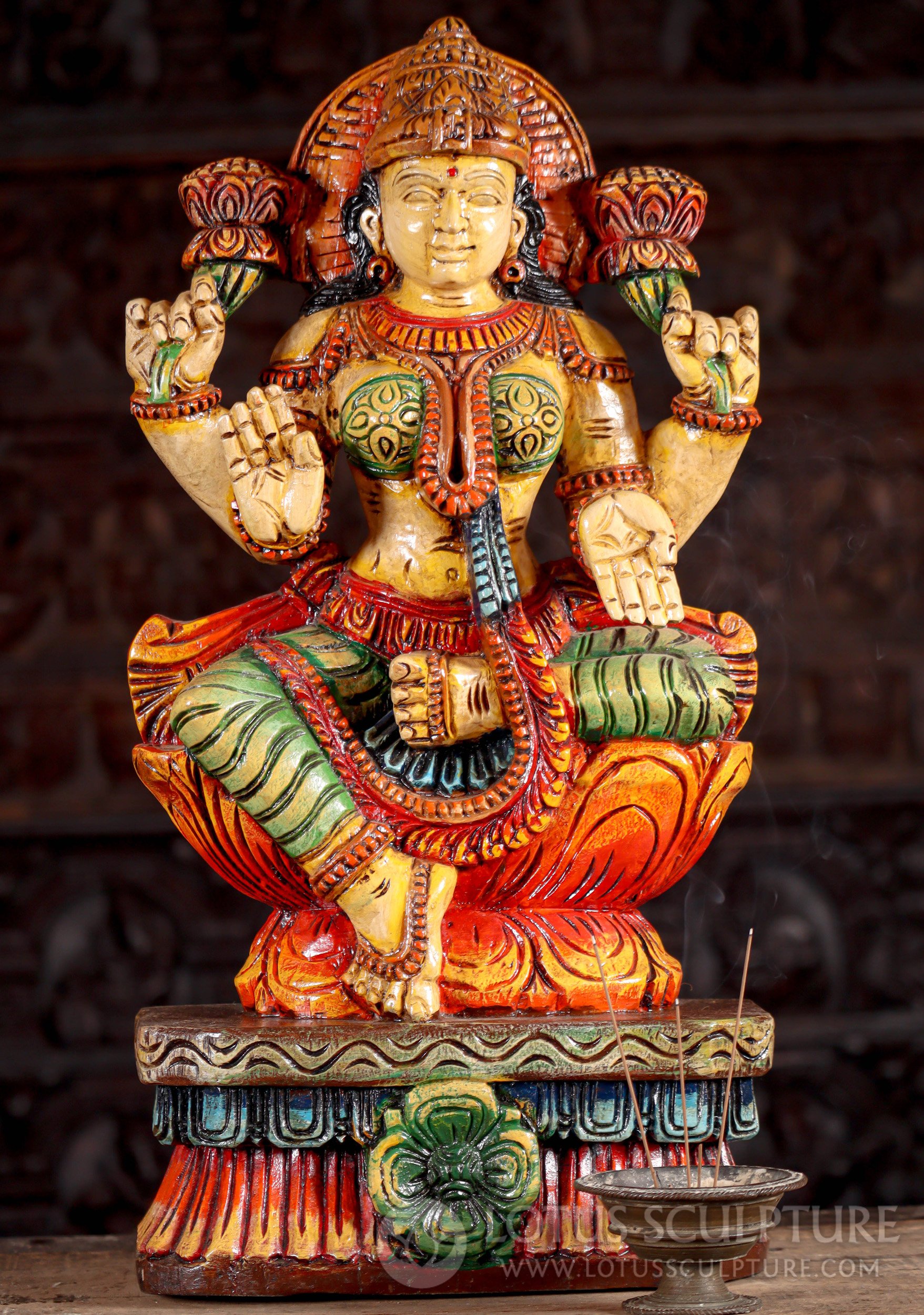 Lakshmi Wood Sculpture in Abhaya and Varada Mudras Holding Lotus Flowers 24"