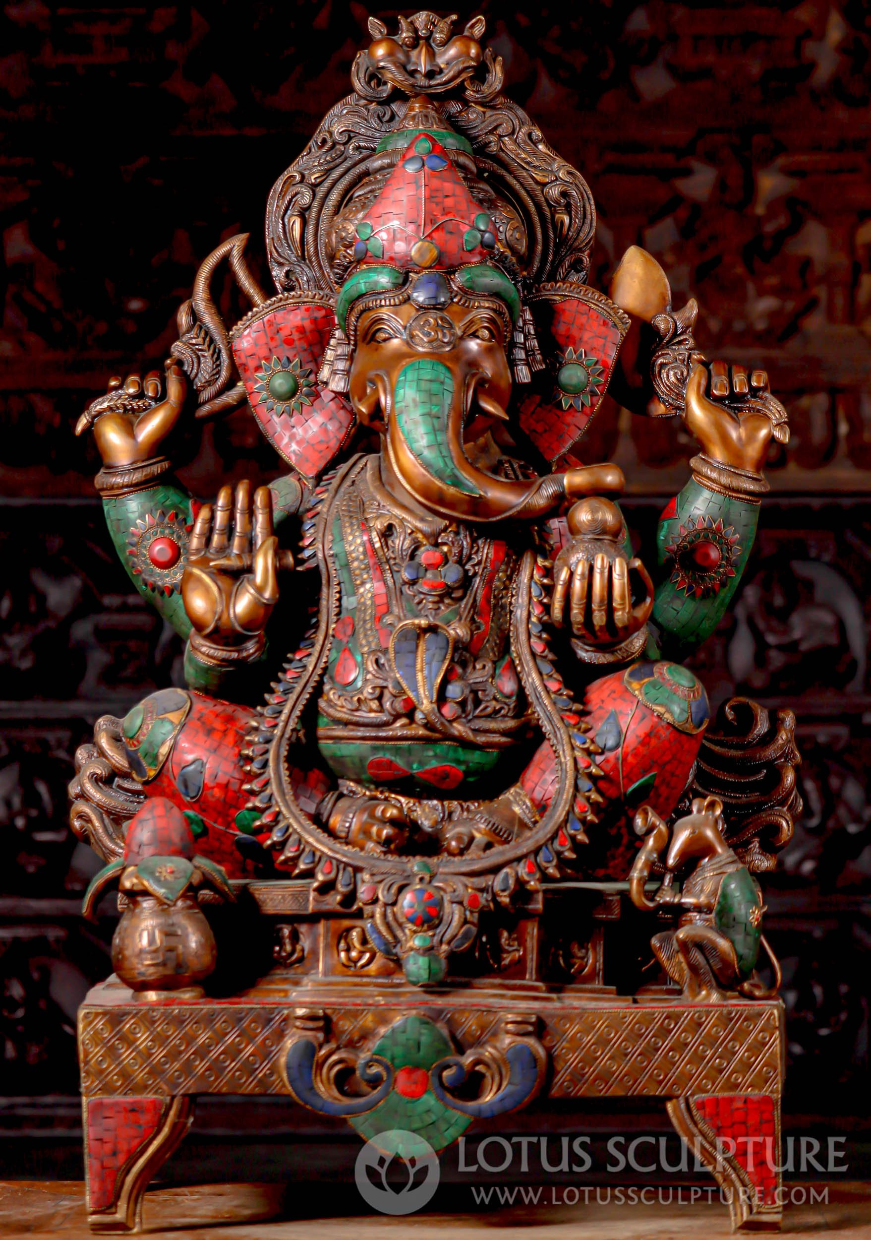 Large Brass Ganesh Statue with Colored Stones, Cobra Belt, Mahakala Halo, OM Symbol 35"