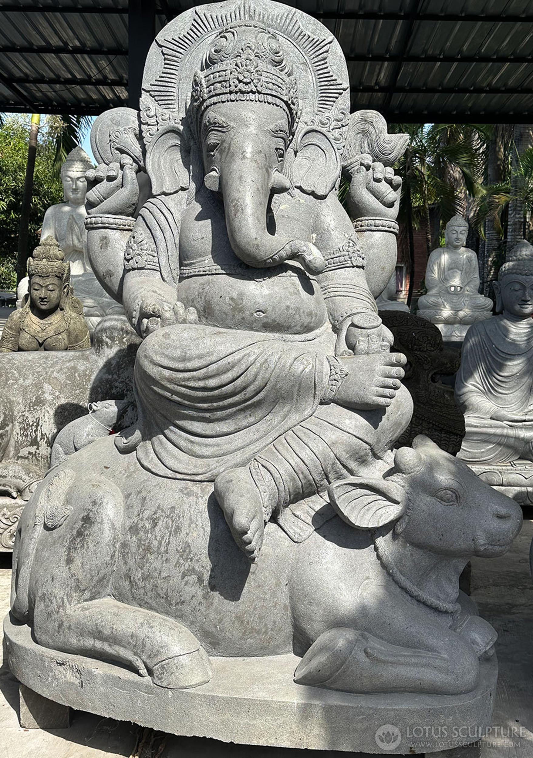 PREORDER Ganesha Garden Sculpture Large Hand-Carved Lava Stone Seated on Nandi 87"