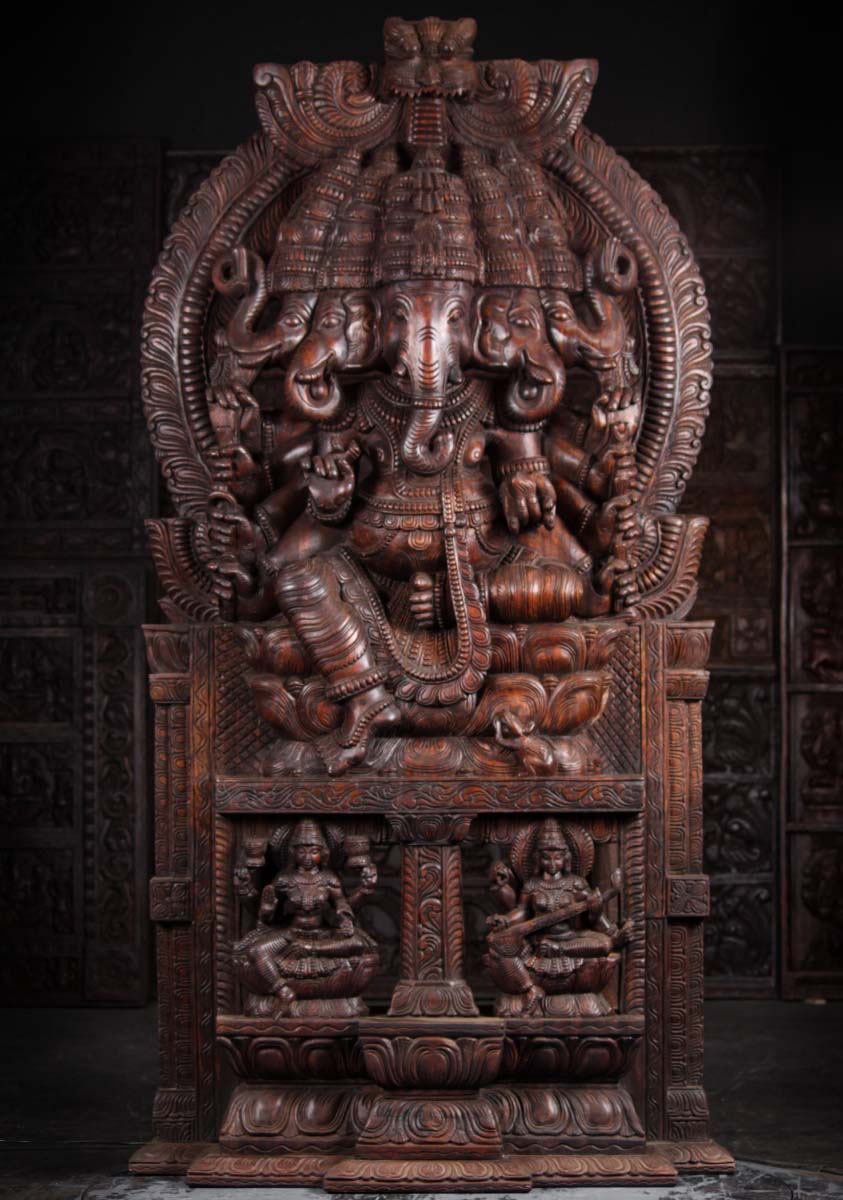 Wooden 5 Headed Ganesha Panchamukha Ganesh Statue Hand Carved in South India 83"