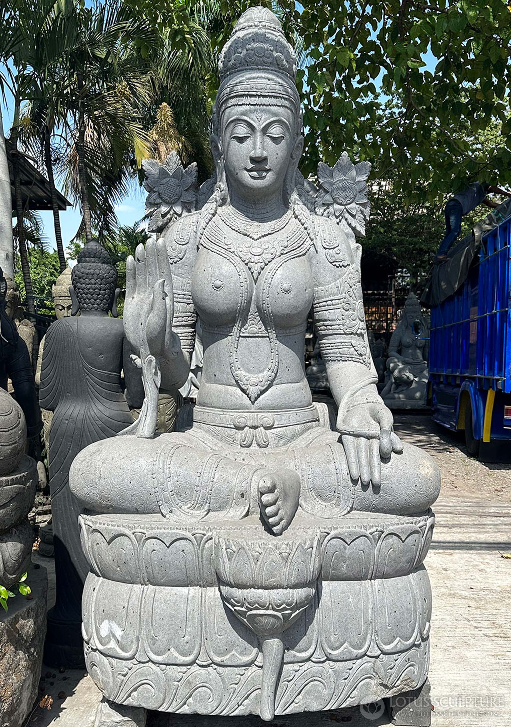 PREORDER Devi Tara Garden Sculpture Large Hand-Carved Lava Stone in Abhaya Mudra 89"