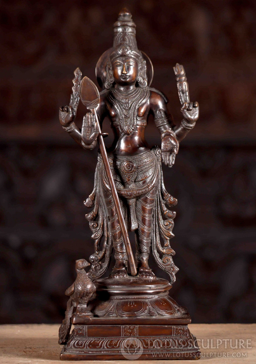 Murugan Brass Standing Abhaya Varada Mudra Sculpture With Vel & Peacock 14"